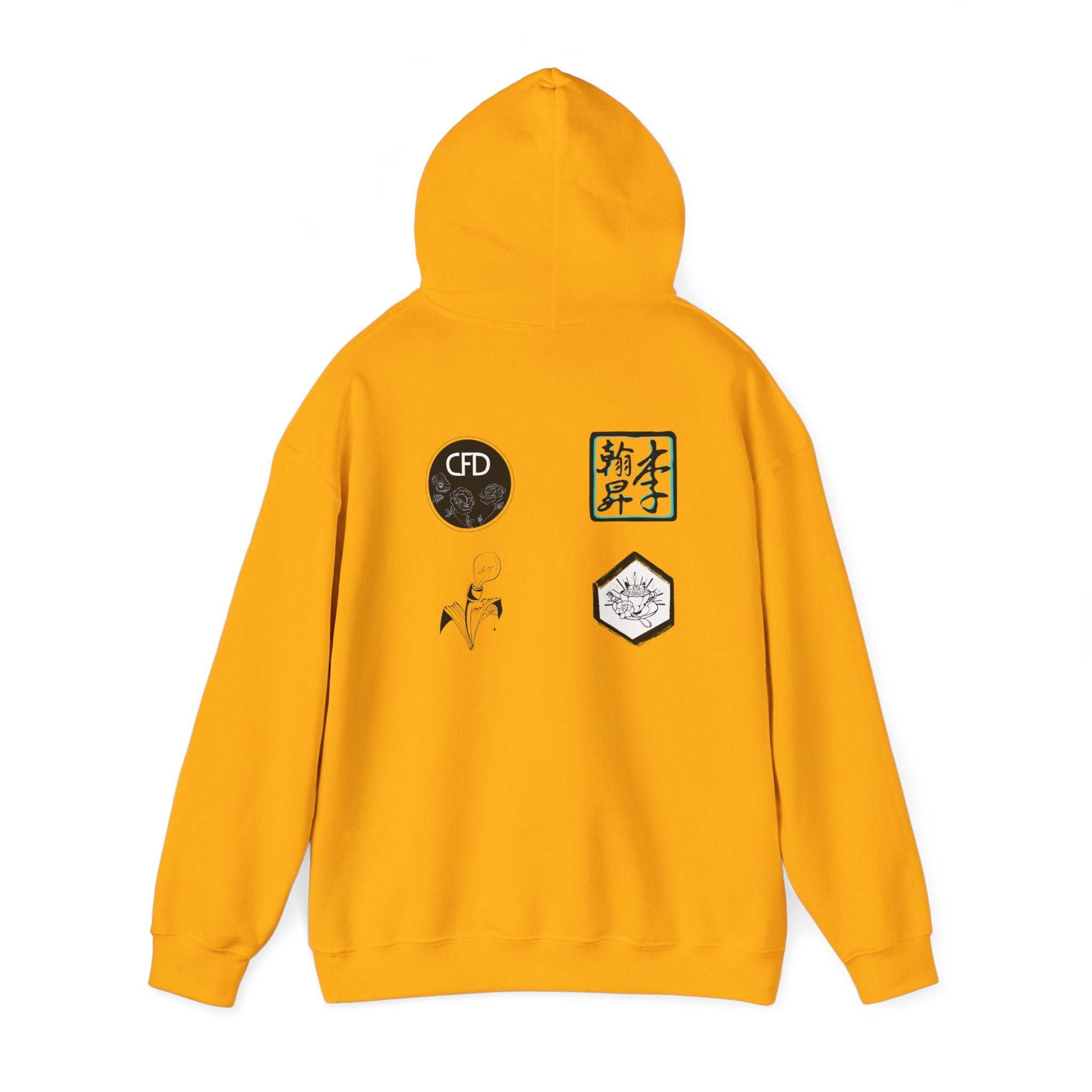 This is a Gold ACI hoodie showcasing the back of it. The hood is lifted up and the four studios' logos are between the shoulder blades. The logos are printed in mostly white and black. There is some bright blue for one of the logos. The sleeves and end of the hoodie have stitching by the wrist and waist areas. The rest of the hoodie is the color gold. The color is closer to a dark yellow.