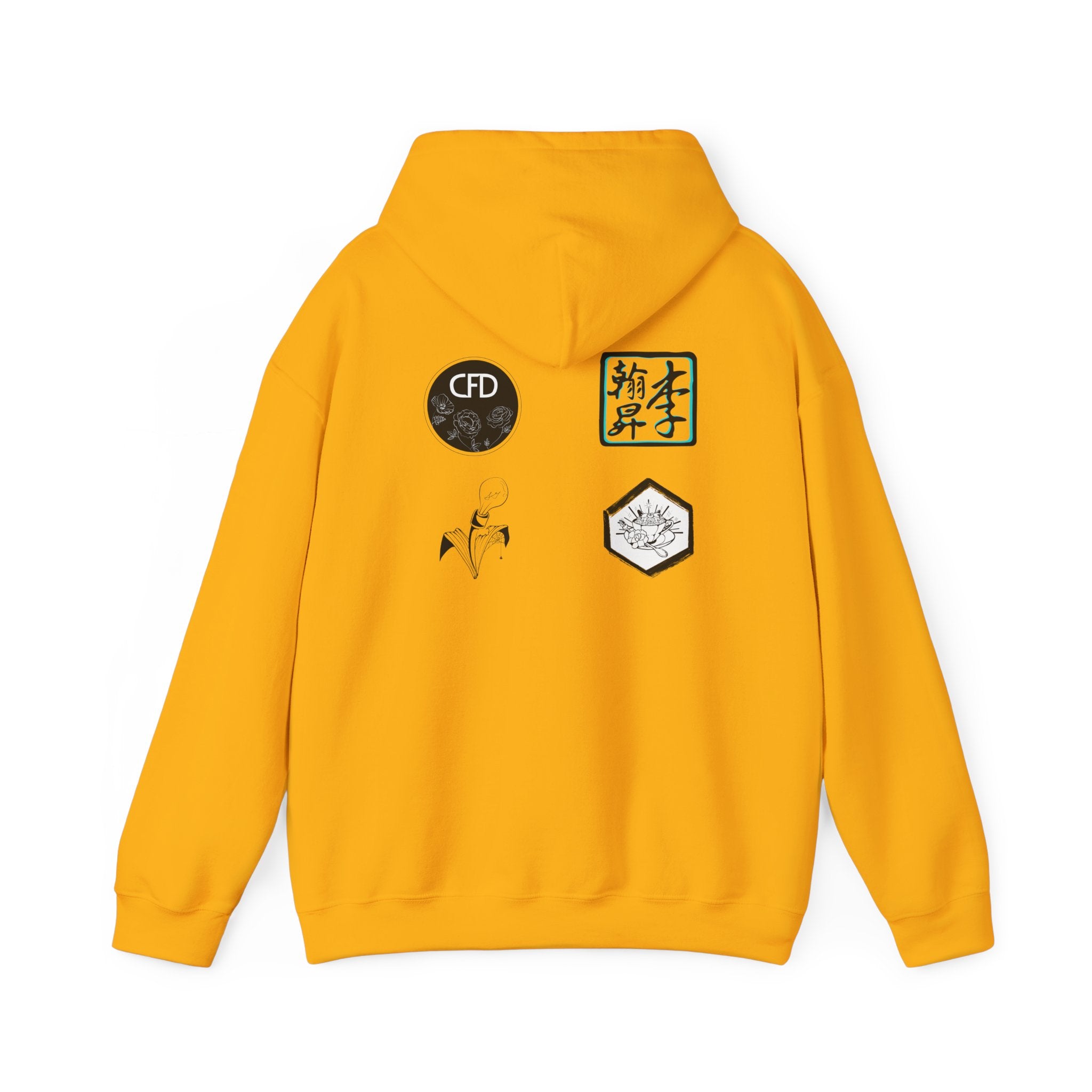 This is a Gold ACI hoodie showcasing the back of it. The hood is not lifted up and the four studios' logos is right below the hood. The logos are printed in mostly black and white. There is one logo that is outlined in a bright blue. The sleeves and end of the hoodie have stitching by the wrist and waist areas. The rest of the hoodie is the color gold. The color is closer to a dark yellow.