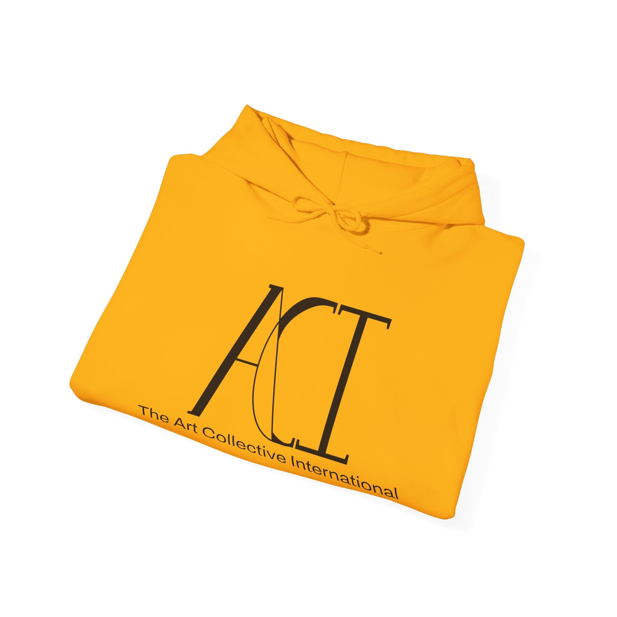 This is the Gold ACI Hoodie that has been folded to show the front. The ACI logo is large and printed in black.  Right underneath the logo is "The Art Collective International" printed smaller and in black. The drawcord is tied in a bow and color matched to the rest of the hoodie. The color is closer to a dark yellow.