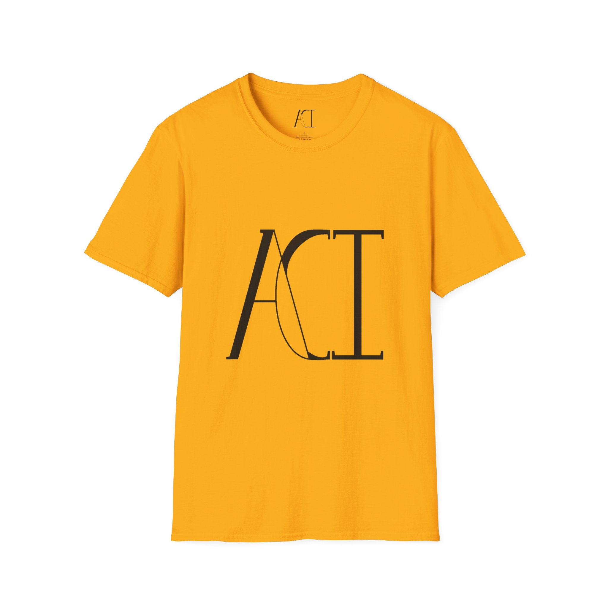 This is the Gold ACI T-Shirt that shows an image of the front. The size label and ACI logo printed on the inside of the shirt. The size label print is white whereas the logo is black. The middle of the shirt has a large printed ACI logo in black. The rest of the shirt is the same color that was specified.