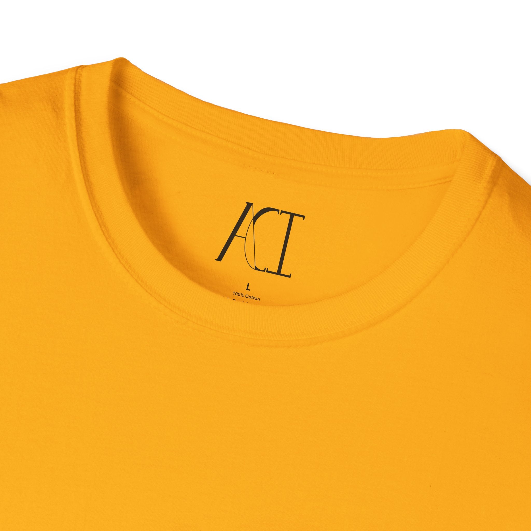 This is the Gold ACI T-Shirt that shows an image of the seams from the neck. The size label and ACI logo printed on the inside of the shirt. The size label print is white whereas the logo is black.