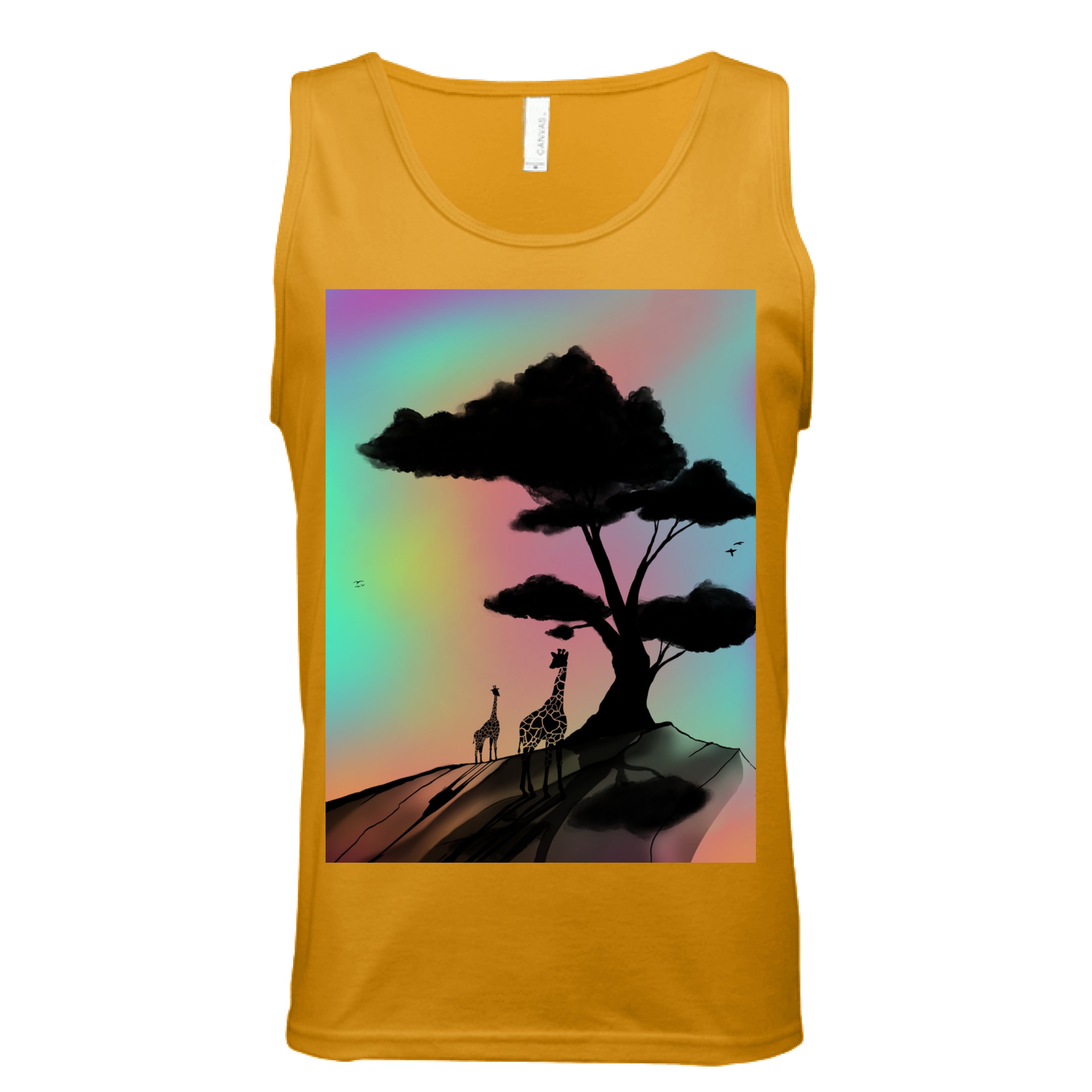 This is the Gold At A Glance Tank by Lee Hansheng Studios. This is showcasing the front of the tank. The illustration is a sillouhette of a large tree, two giraffes on a rocky hill. In the background are hues and gradients of green, yellow, purple, and red. The giraffes are looking towards to each other. It is against a white background.