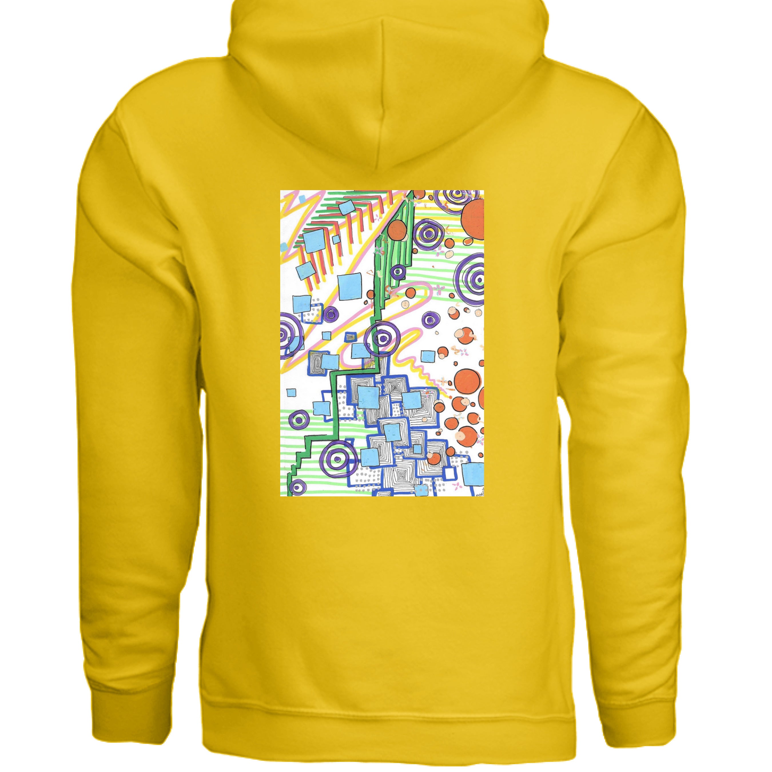 This is the Gold City of Oz Hoodie by Storm Garden Studio. This image is showcasing the back of the hoodie. The illustration is rectangular and geometric. It has a mix of circles, lines, waves, dots, thorughout the design. It is a mix of colors that are light blue, orange, green, orange, yellow and purple. The background is white for the illustration. The illustration is right below the hood. It is against a white background. 