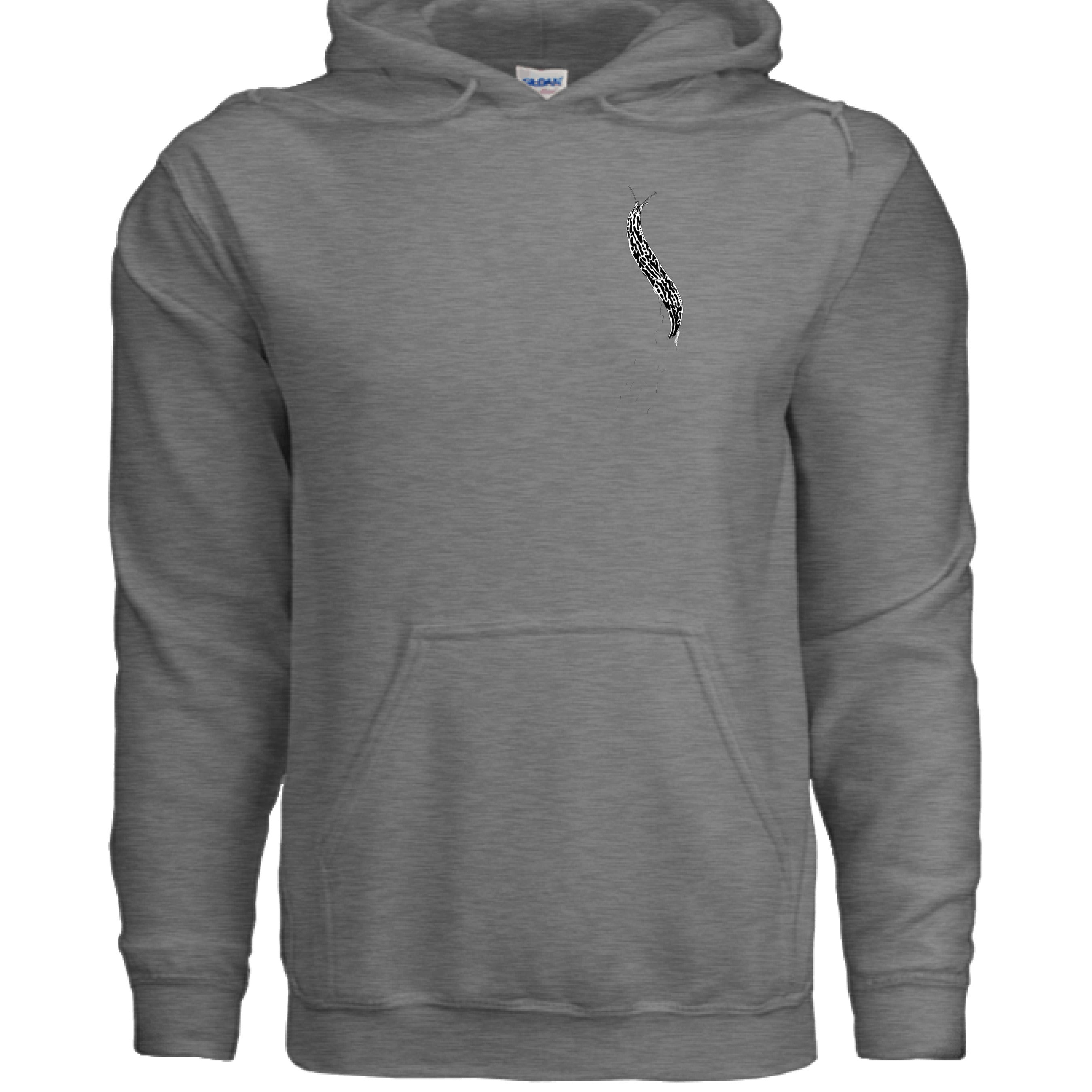 This is the Graphite Heather Banana Slug Hoodie by Storm Garden Studio. This showcases the front of the hoodie. There is a banana slug in black and white on the left chest. There is a large pouch too. It is against a white background. 