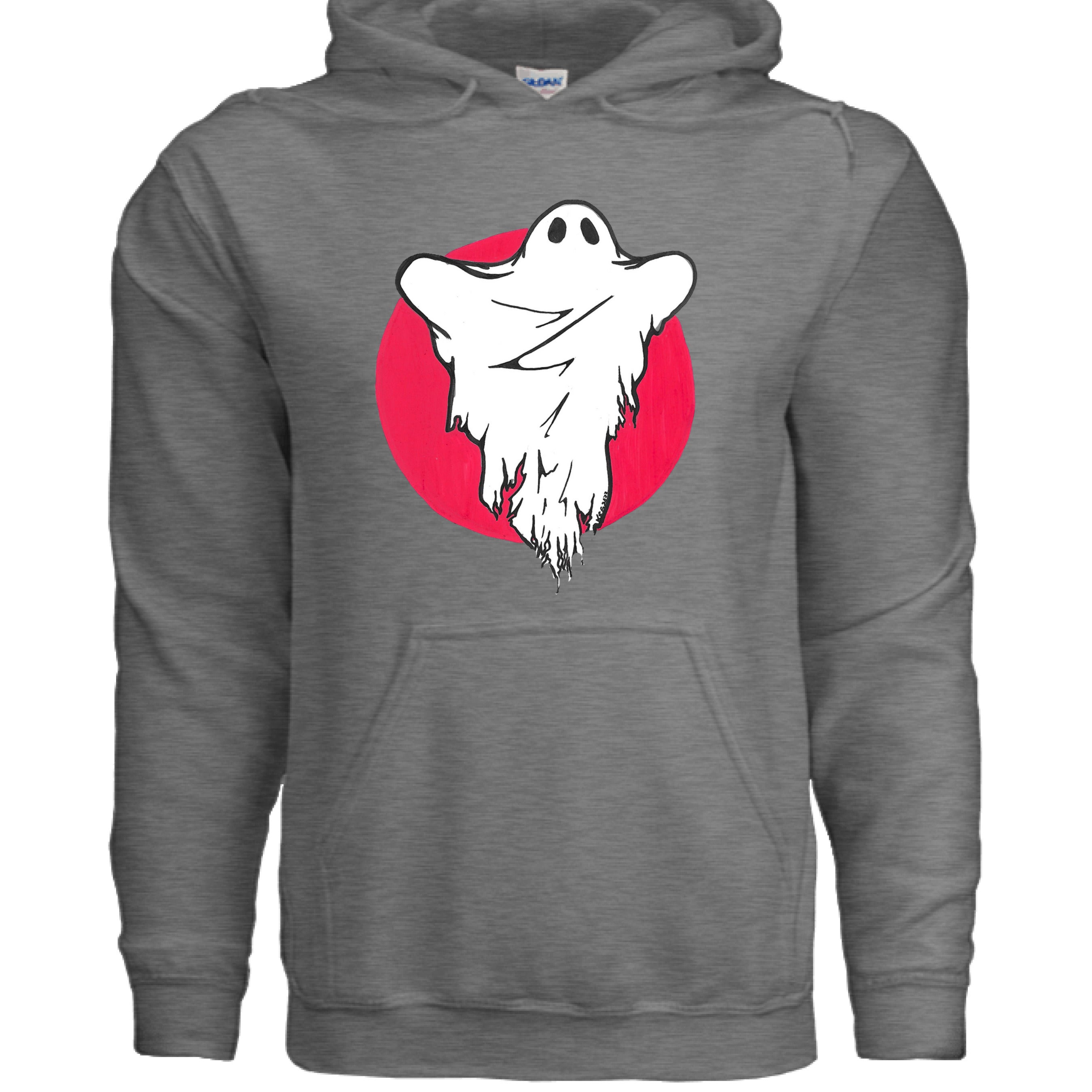 This is the Graphite Heather Ghost Hoodie by Storm Garden Studio. This is showcasing the front of the hoodie. The illustration has a red circular background and a white ghost with black outline and black wrinkling around the middle. There are two drawstrings on the hoodie and a large pouch under the illustration. It is against a white background.