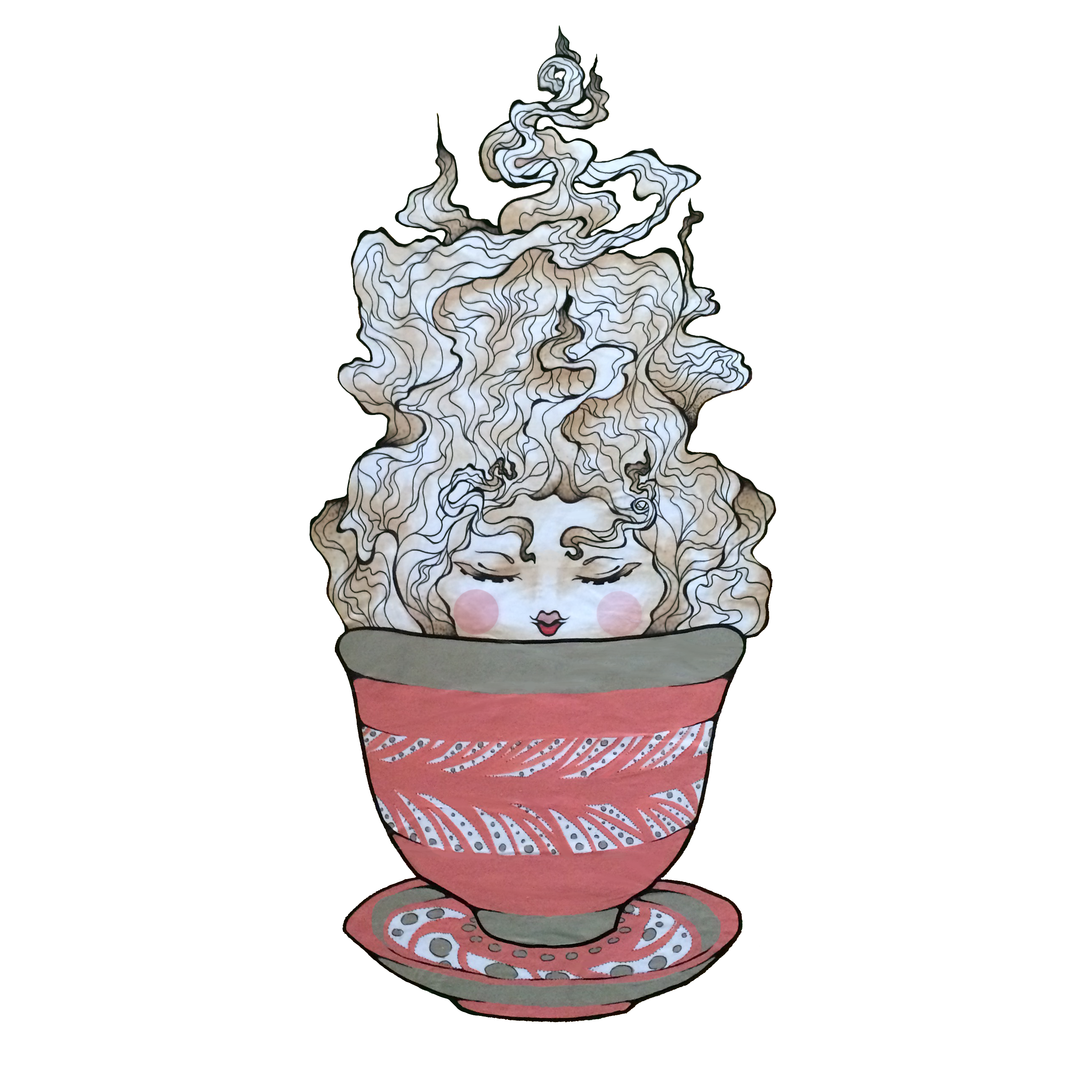 This sticker illustration is by Chris Foster Design. It is an illustration of a woman's face with curly hair/steam that is white and tan/beige inside an intricately designed pink/red teacup with a saucer that has white and black dashes or swirl patterns on a white background.