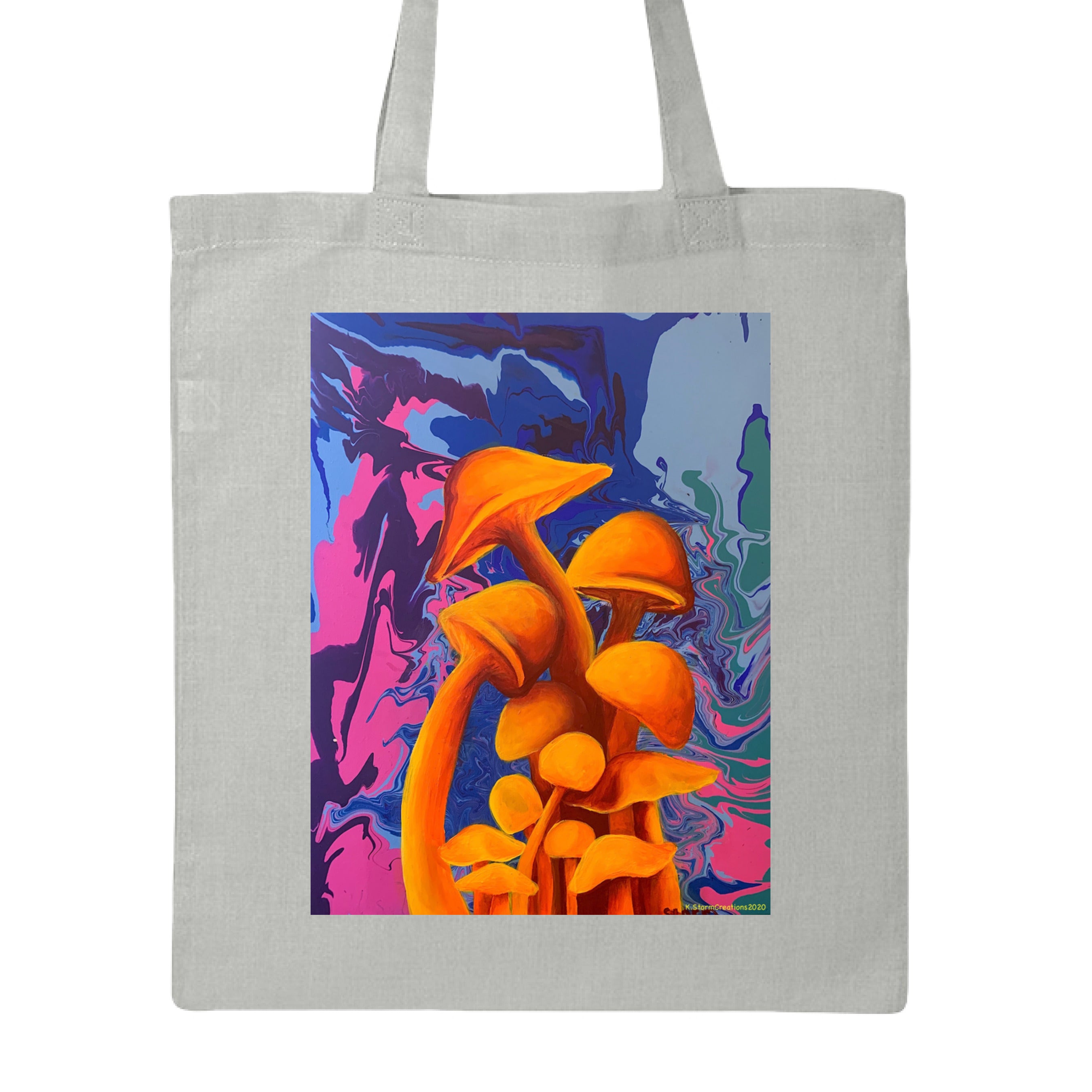 This is the Grey Mushroom Canvas Tote by Storm Garden Studio. This is showcasing the front of the tote. The illustration is of 11 blazing orange fungis with a swirling background that includes blue, green, dark blue, purple and pink colors. The mushrooms are different shapes and sizes starting form the middle and reaching towards the top. It is against a white background.