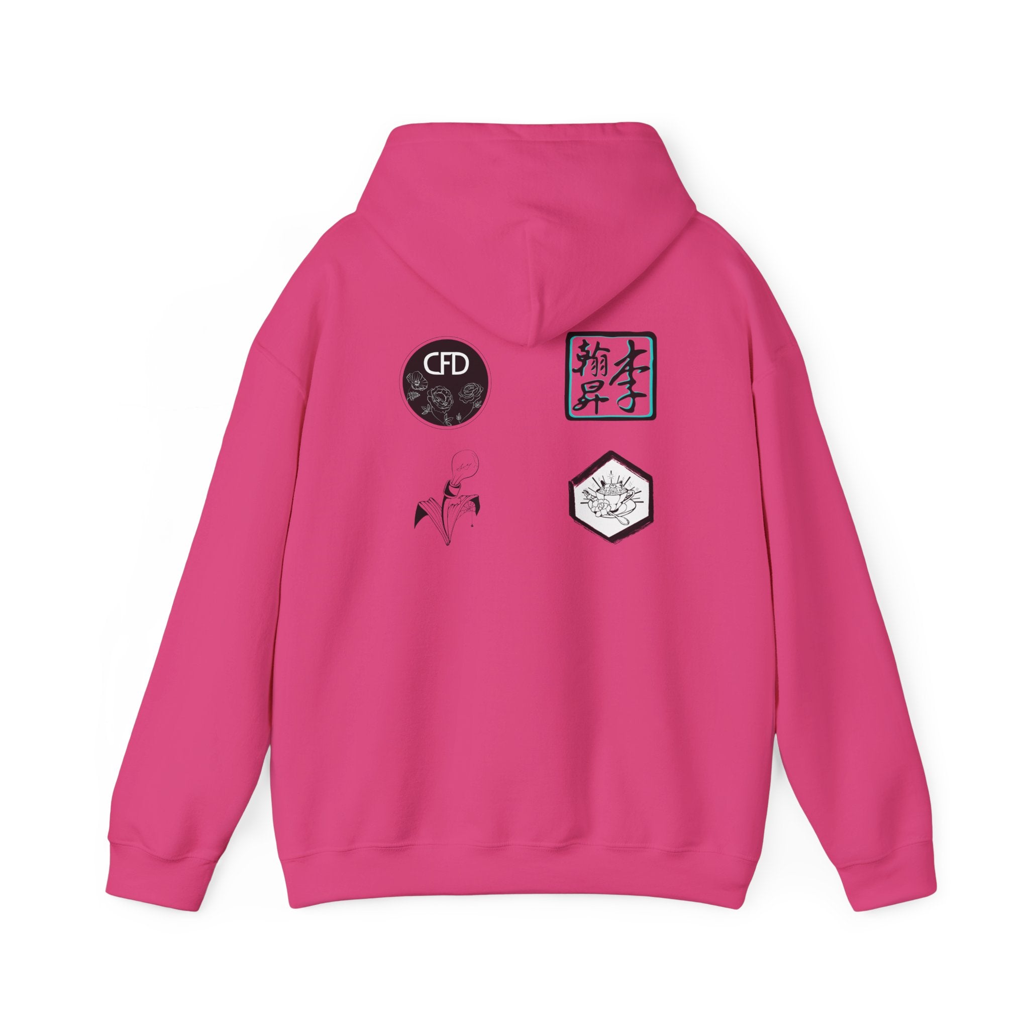 This is a Haliconia ACI hoodie showcasing the back of it. The hood is not lifted up and the four studios' logos is right below the hood. The logos are printed in mostly black and white. There is one logo that is outlined in a bright blue. The sleeves and end of the hoodie have stitching by the wrist and waist areas. The rest of the hoodie is the color haliconia. The color is closer to a darker hot pink.