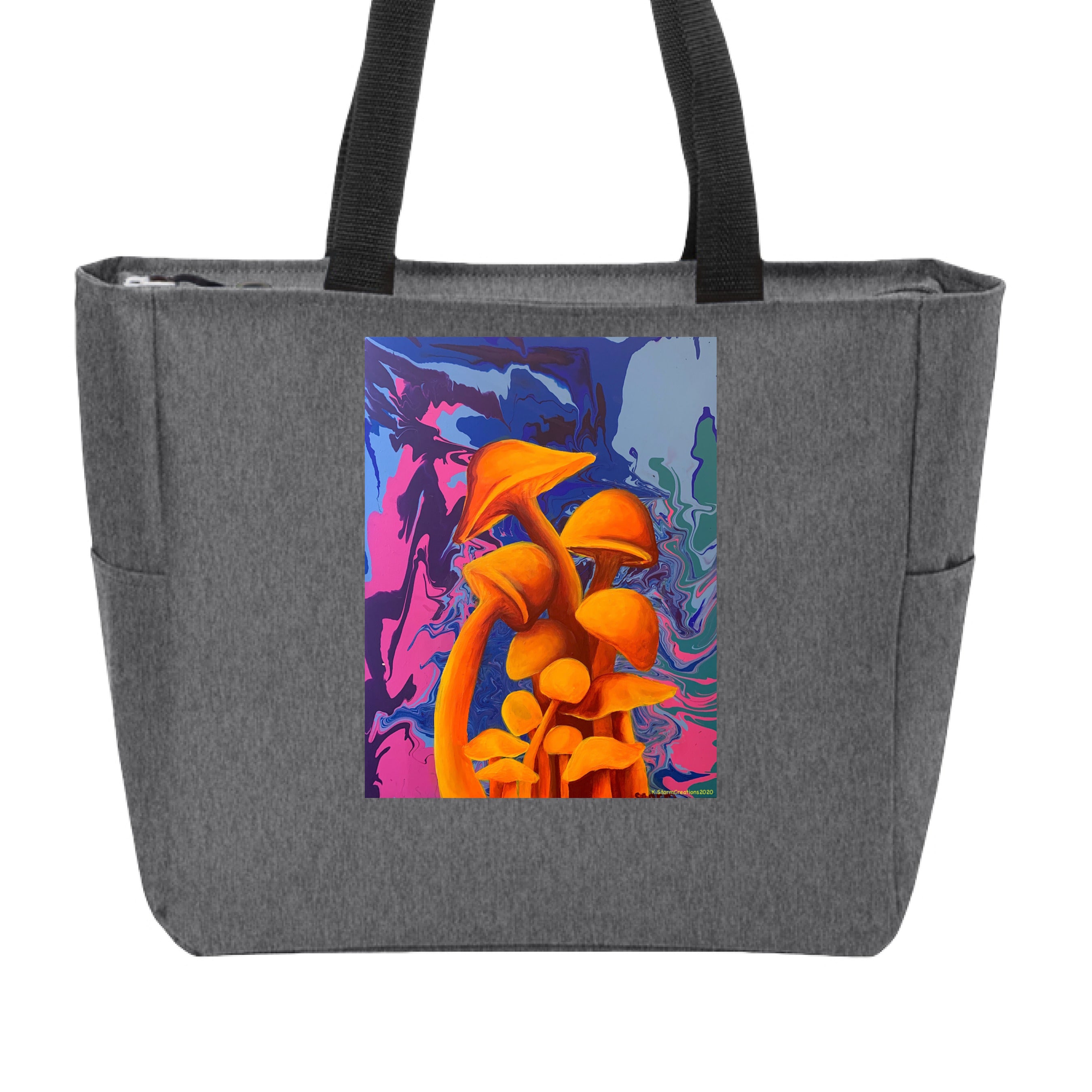 This is the Heather Grey Mushroom Zip Tote by Storm Garden Studio. This is showcasing the front of the tote.  The handles are black. The illustration is of 11 blazing orange fungis with a swirling background that includes blue, green, dark blue, purple and pink colors. The mushrooms are different shapes and sizes starting form the middle and reaching towards the top. It is against a white background.
