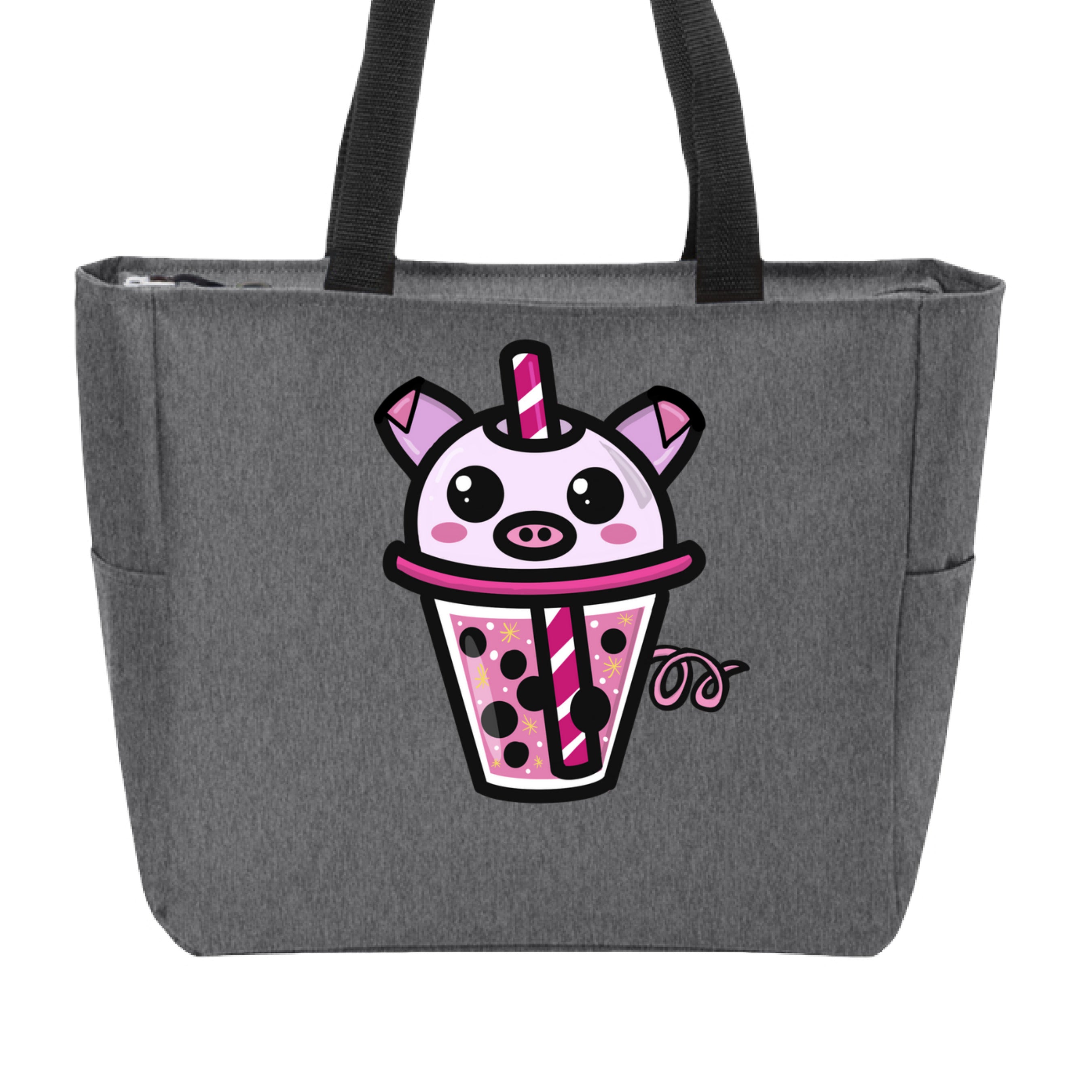 This is the Heather Grey Piggy Boba Zip Tote by Dazzle & Daggers Design. This is showcasing the front of the tote. The handles on the zip tote are black. The Piggy Boba is pink all over, cute snout, oval cheeks, pig ears and tails, glistening eyes and the glass has pink liquid, boba, yellow sparkles, white dots and peppermint swirl like straw. It is against a white background.