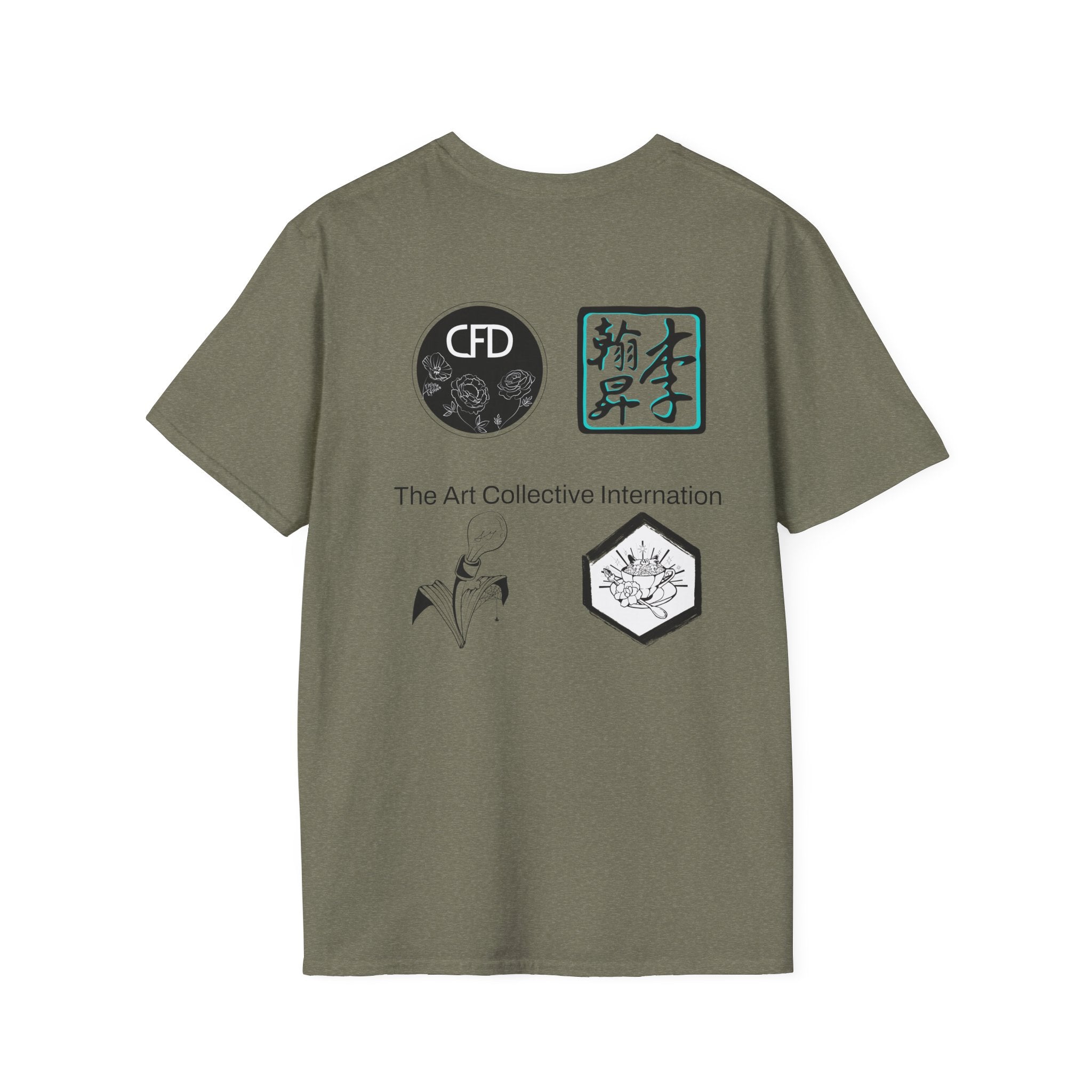 This is a Heather Military Green ACI T-Shirt showcasing the back of it. There are the four studios' logos. The logos are printed in mostly black and white. There is one logo that is outlined in a bright blue. There are two logos then print and then two other logos located on the upper part of the shirt. In between the logos, printed in black is "The Art Collective International". 