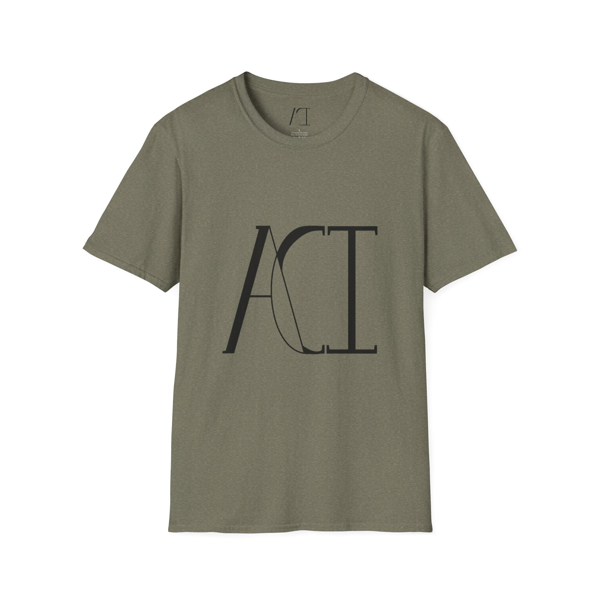 This is the Heather Military Green ACI T-Shirt that shows an image of the front. The size label and ACI logo printed on the inside of the shirt. The size label print is white whereas the logo is black. The middle of the shirt has a large printed ACI logo in black. The rest of the shirt is the same color that was specified.