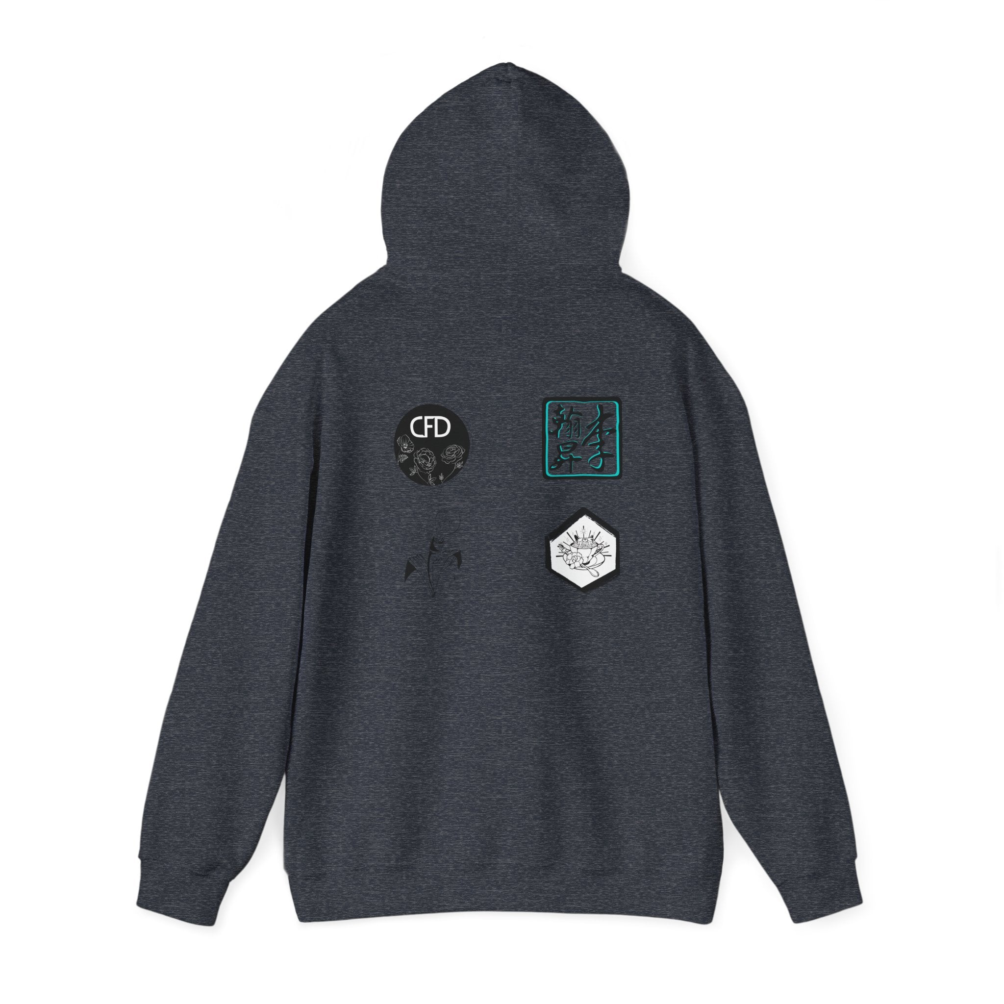 This is a Heather Sport Dark Navy ACI hoodie showcasing the back of it. The hood is lifted up and the four studios' logos are between the shoulder blades. The logos are printed in mostly white and black. There is some bright blue for one of the logos. The sleeves and end of the hoodie have stitching by the wrist and waist areas. The rest of the hoodie is the color heather sport dark navy. It is closer to a darker grey color.
