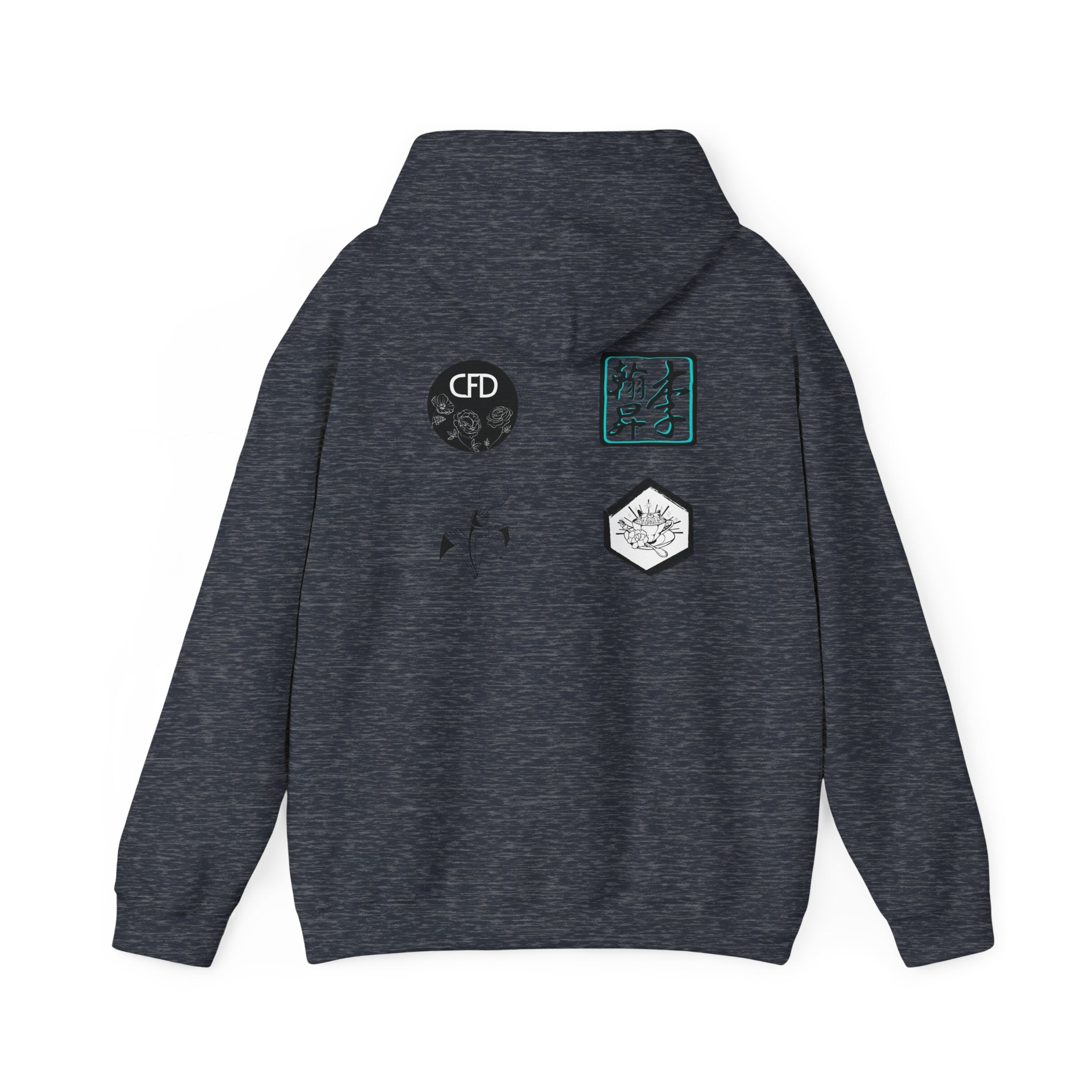 This is a Heather Sport Dark Navy ACI hoodie showcasing the back of it. The hood is not lifted up and the four studios' logos is right below the hood. The logos are printed in mostly black and white. There is one logo that is outlined in a bright blue. The sleeves and end of the hoodie have stitching by the wrist and waist areas. The rest of the hoodie is the color heather sport dark navy. It is closer to dark grey.