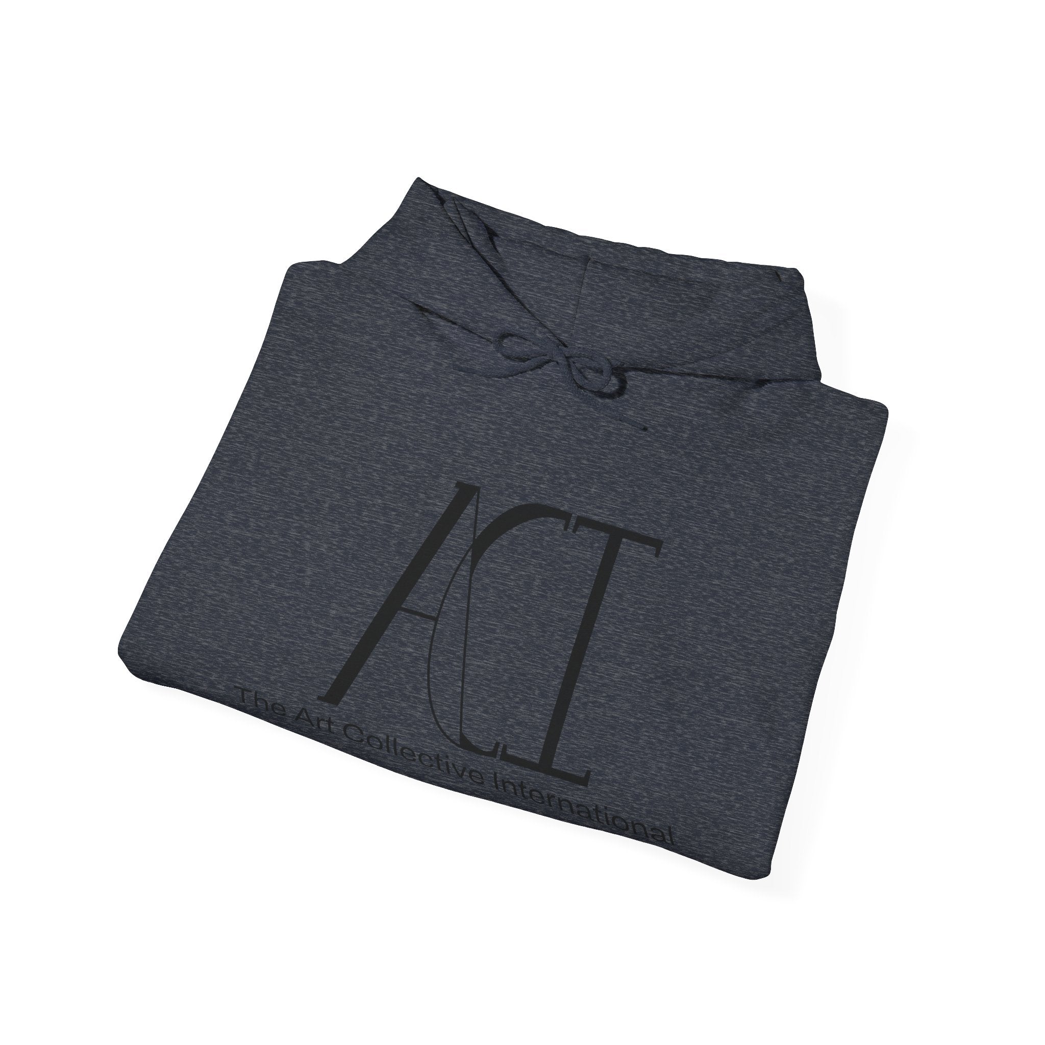 This is the Heather Sport Dark Navy ACI Hoodie that has been folded to show the front. The ACI logo is large and printed in black.  Right underneath the logo is "The Art Collective International" printed smaller and in black. The drawcord is tied in a bow and color matched to the rest of the hoodie. The color is closer to a dark grey.