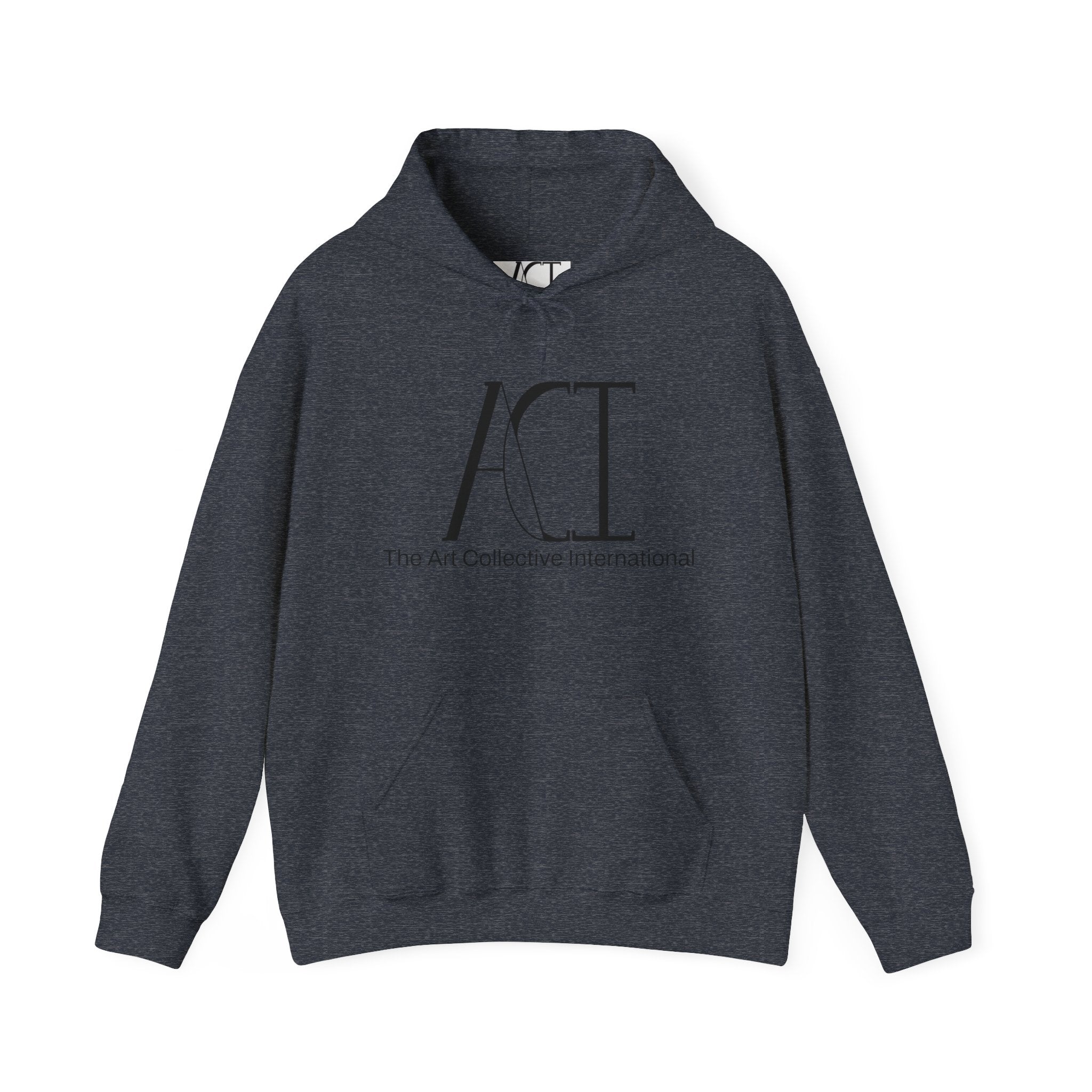 This is the Heather Sport Dark Navy ACI hoodie that showcases a large ACI logo printed in black near the top middle of the hoodie. Underneath the logo in back is, "The Art Collective International" in smaller print. It is a full picture of the front with the color-matched drawcord. The size label is white and printed on rather than a tag. The ACI logo is black on the size label. There is stitching by the wrists and waist areas. Also, a large pocket to place your arms in. It is closer to a dark grey color.