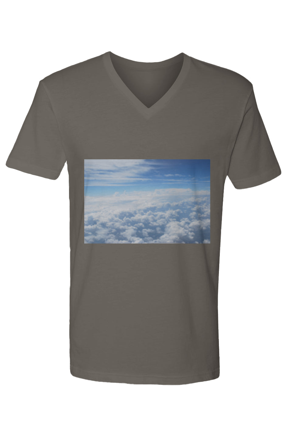 This is the Heavy Metal Above the Clouds V-Neck T-Shirt by Lee Hansheng Studios. The rectangular stunning photograph of clouds captured from 36,000 feet above the earth, a breathtaking perspective that showcases the soft, ethereal beauty of the horizon. It is bright blue, dark blue, fluffs and streaks of clouds on the shirt. The shirt is against a white background. 