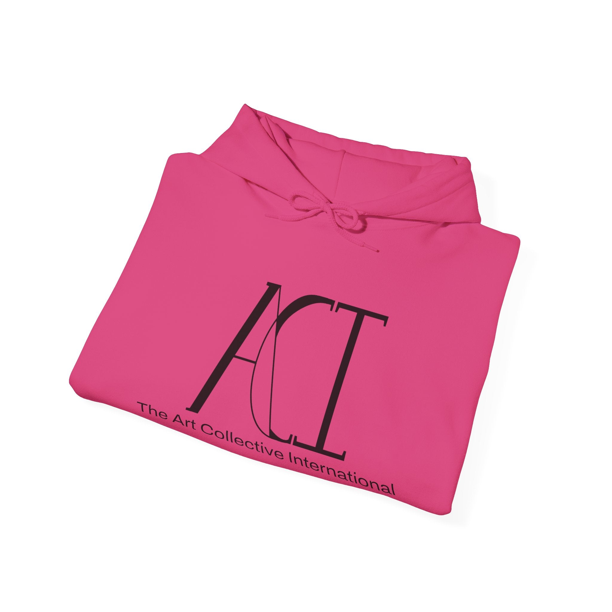 This is the Heliconia ACI Hoodie that has been folded to show the front. The ACI logo is large and printed in black.  Right underneath the logo is "The Art Collective International" printed smaller and in black. The drawcord is tied in a bow and color matched to the rest of the hoodie. The color is similar to a bright hot pink.