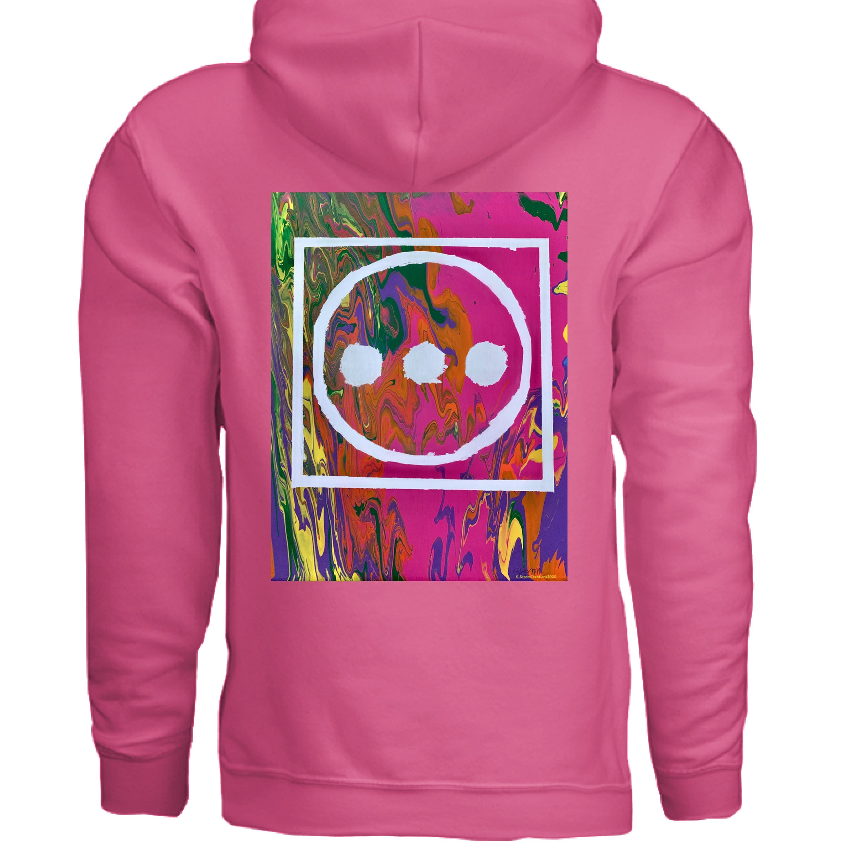 This is the Heliconia High Hoodie by Storm Garden Studio. This image is showcasing the back of the hoodie. The illustration is vibrant with pink, orange, yellow, green and purple colors in the background with "...", outlined circle and outline square in white. There's a hood above the illustration and there's nothing below the illustration. It is against a white background. 