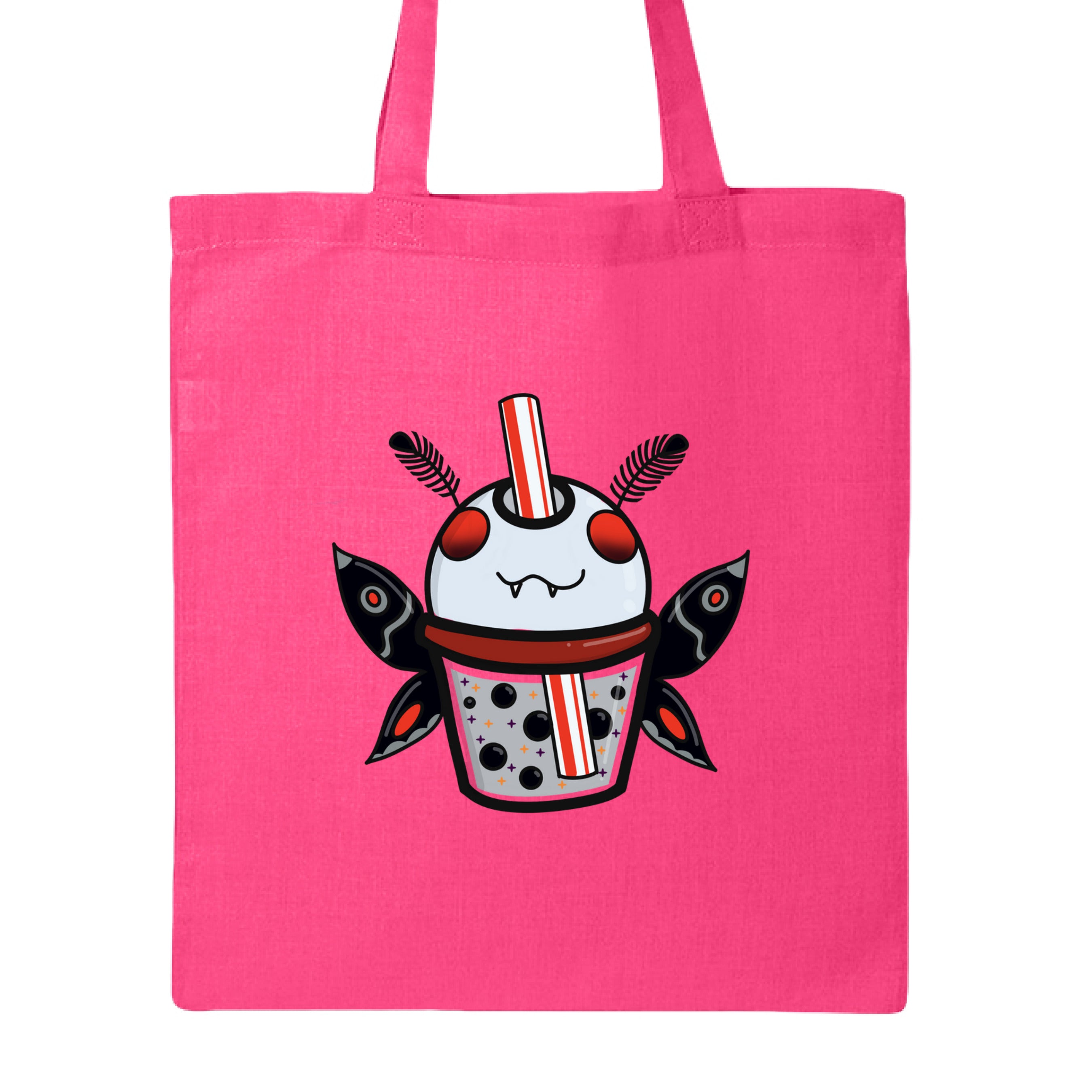 This is the Hot Pink Mothman Boba Canvas Tote by Dazzle & Daggers Design. This is showcasing the front of the tote. There is an illustration of a moth boba that is gray, red eyes, inside the glass is gray with black boba, red dots, black, red, gray both wings and fluffly black antennas, red and white striped straw. It is against a white background.