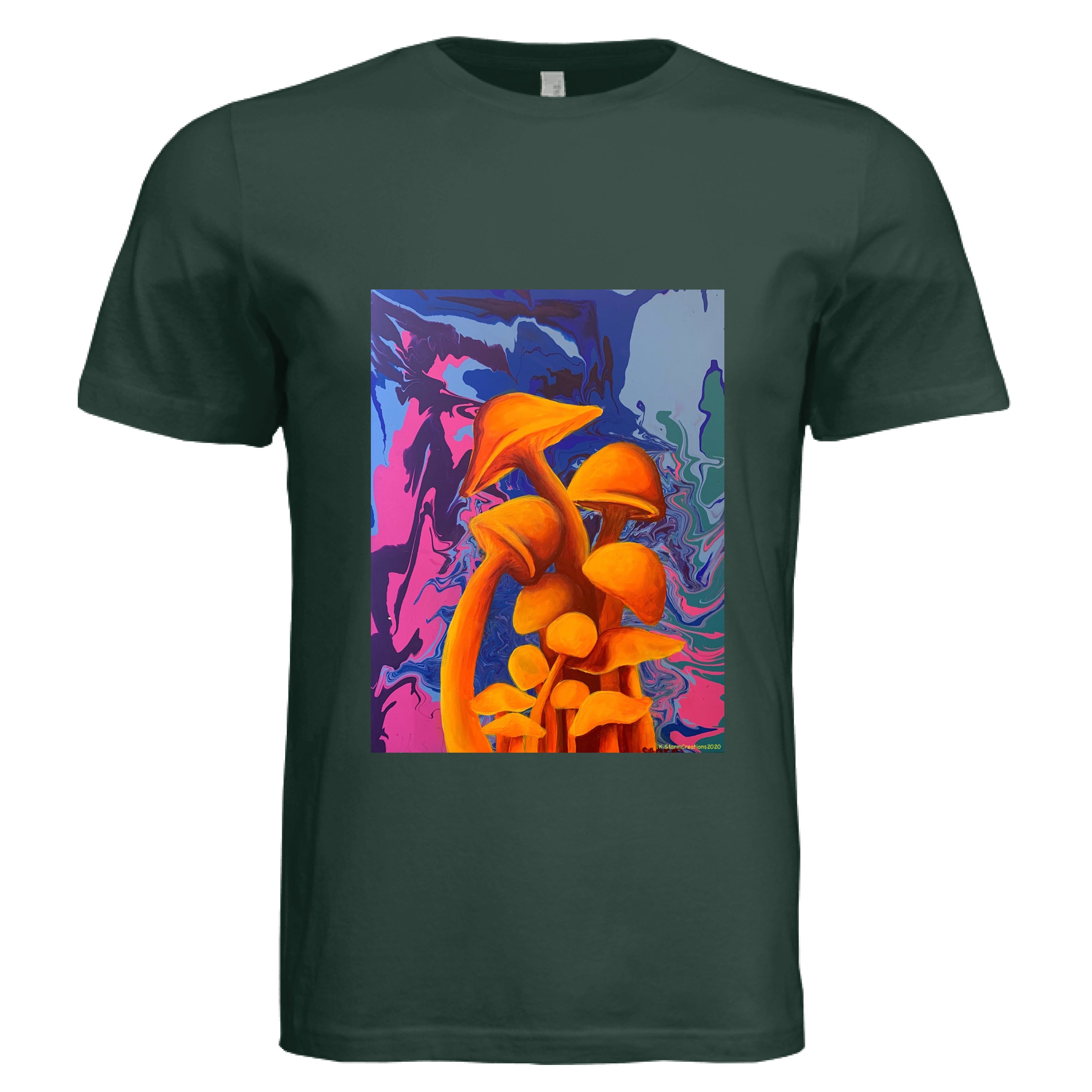 This is the Hunter Green Mushroom T-Shirt by Storm Garden Studio. This is showcasing the front of the shirt. The illustration is of 11 blazing orange fungis with a swirling background that includes blue, green, dark blue, purple and pink colors. The mushrooms are different shapes and sizes starting form the middle and reaching towards the top. It is against a white background.