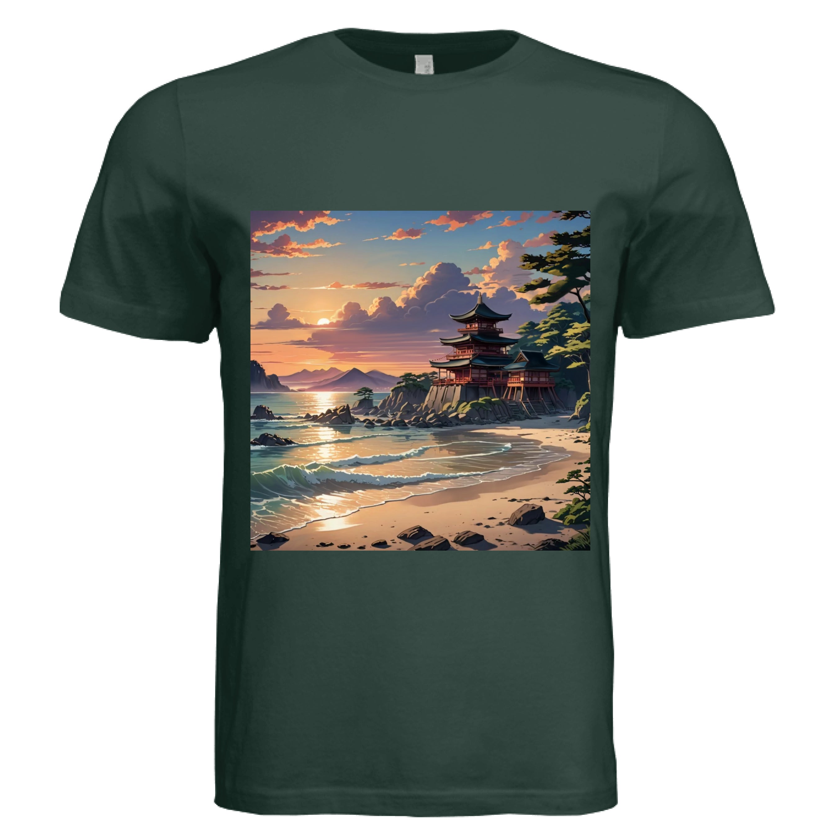 This is the Hunter Green Temple of Peace Muscle Tank by Lee Hansheng Studios. This is showcased from the front. The illustration in the forefront are crashing light blue, white waves hitting the tan beach, scattered rocks lining the beach to the right where trees are peaking out. In the back is a temple on rocky land that is red with green/black tops. In the background are more mountains and fluffy clouds with the sun rising. The sky is mixed with blue, yellow and red colors.