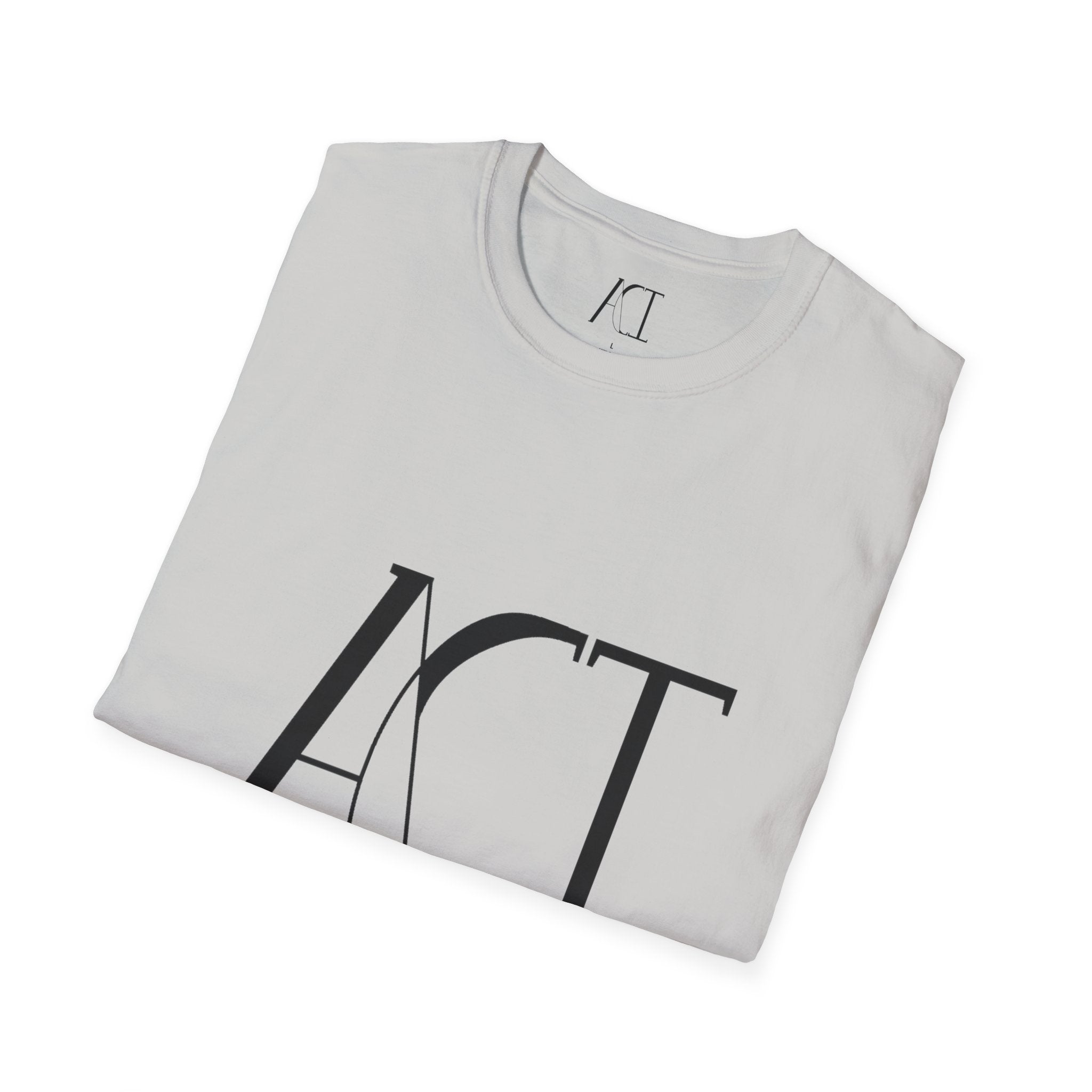 This is the Ice Grey ACI T-Shirt that is folded and shows the front of the shirt. The size label and ACI logo printed on the inside of the shirt. The size label print is white whereas the logo is black. Also, the large printed ACI logo in black on the front of the shirt.