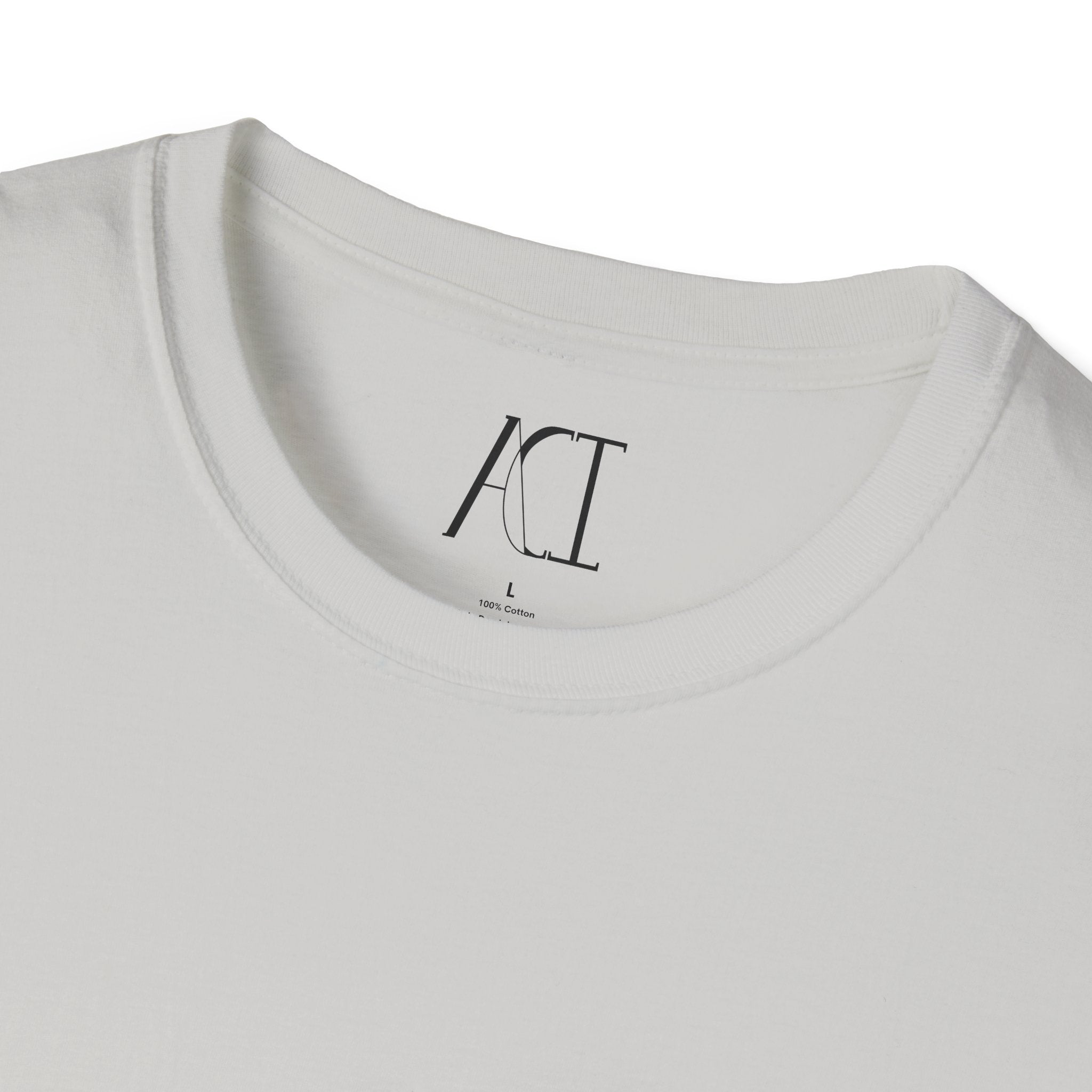 This is the Ice Grey ACI T-Shirt that shows an image of the seams from the neck. The size label and ACI logo printed on the inside of the shirt. The size label print is white whereas the logo is black.