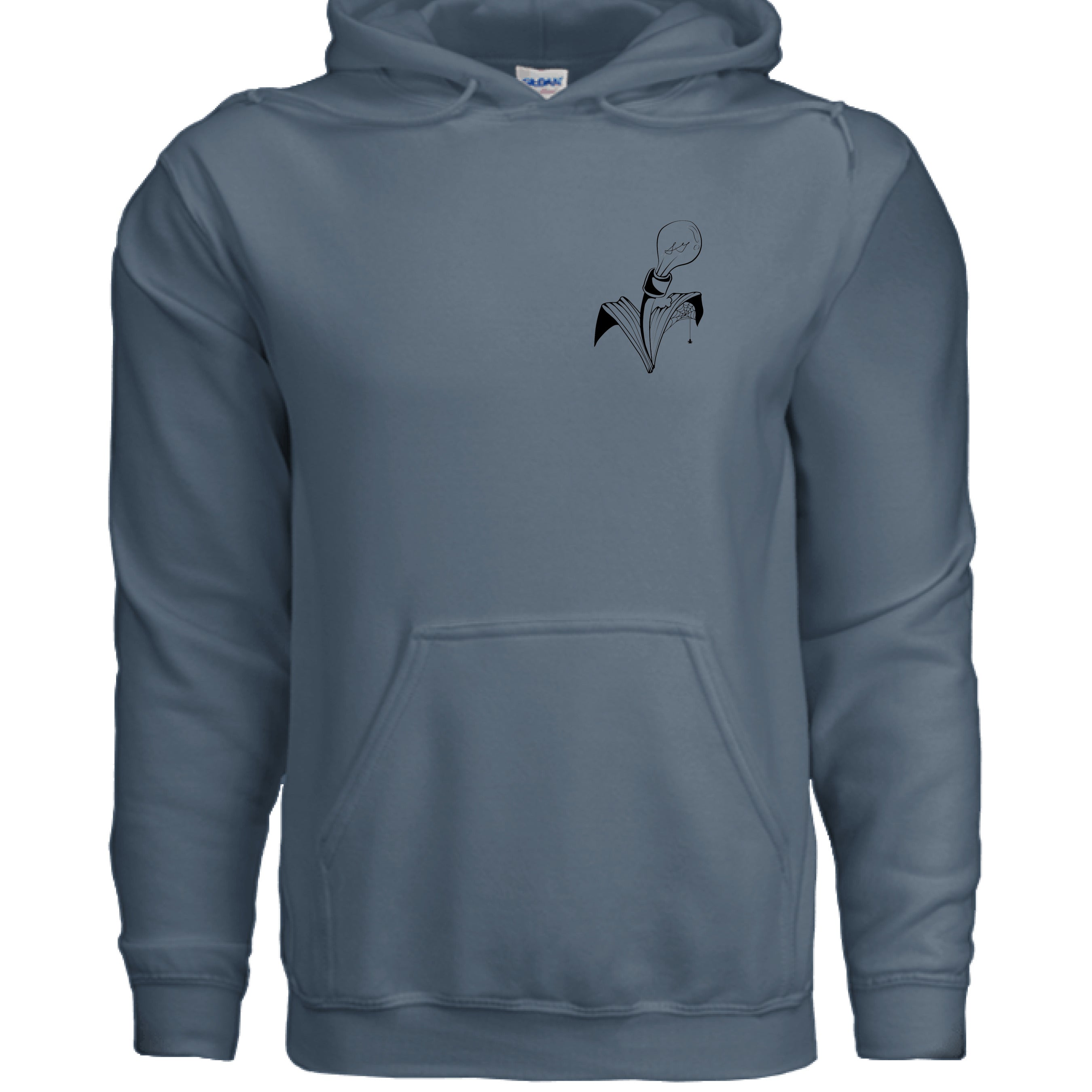 This is the Indigo Blue Big Low Hoodie by Storm Garden Studio. This is showcasing the front of the hoodie. There's a hood with two drawstrings connected to it. On the right is the studio's logo in black. It is a plant with a spider web and tiny spider on a bitten leaf to the right. The plant flower on top is a light bulb. There's a large pouch from the mid and bottom of the hoodie. It is against a white background. 