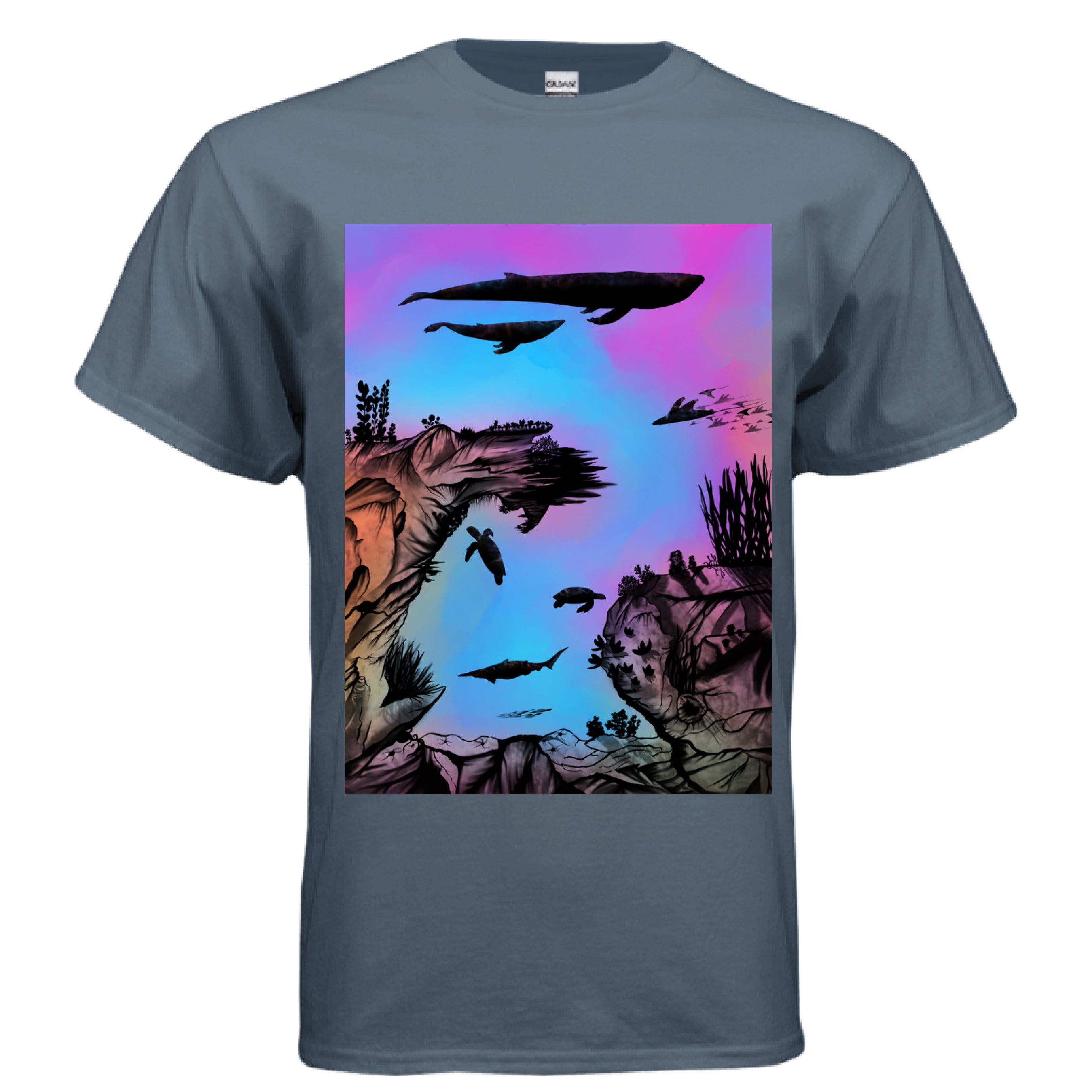 This is the Indigo Blue Into the Abyss T-Shirt by Lee Hansheng Studios. This is showcasing the front. The illustration is of an otherworldly underwater world alive with graceful black silhouettes drifting against a luminous gradient of blues, purples, and warm tones throughout the water. To the left, right and bottom are sediment, rocks, seaweed throughout. The top has a humpback whale, another whale, below are a pool of mantis rays, two sea turtles, sea of fish. The white size label can be seen.