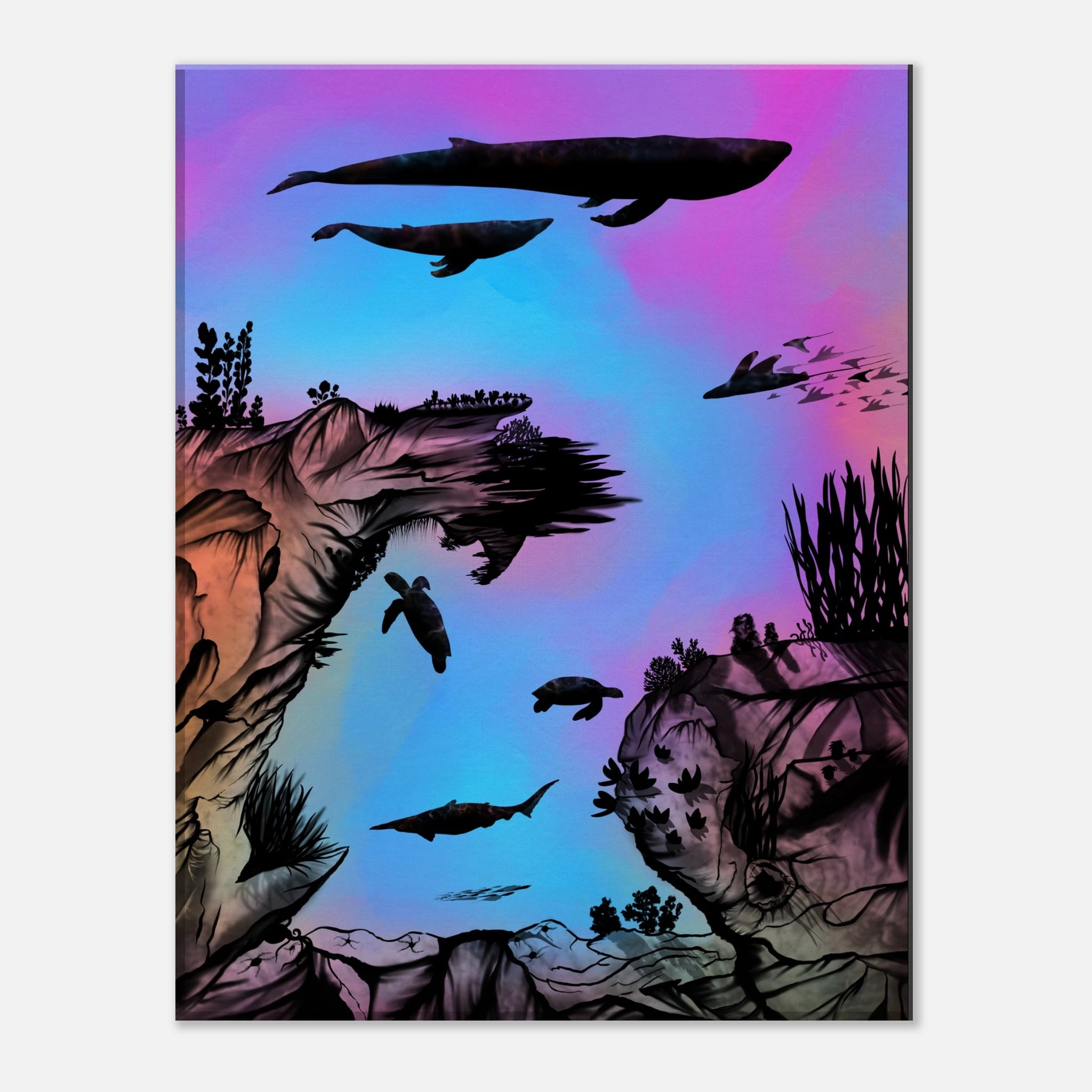 This is the 11" x 14" Into the Abyss Canvas Print by Lee Hansheng Studios. This is showcasing the front. The illustration is of an otherworldly underwater world alive with graceful black silhouettes drifting against a luminous gradient of blues, purples, and warm tones throughout the water. To the left, right and bottom are sediment, rocks, seaweed throughout. The top has a humpback whale, another whale, below are a pool of mantis rays, two sea turtles, sea of fish. 
