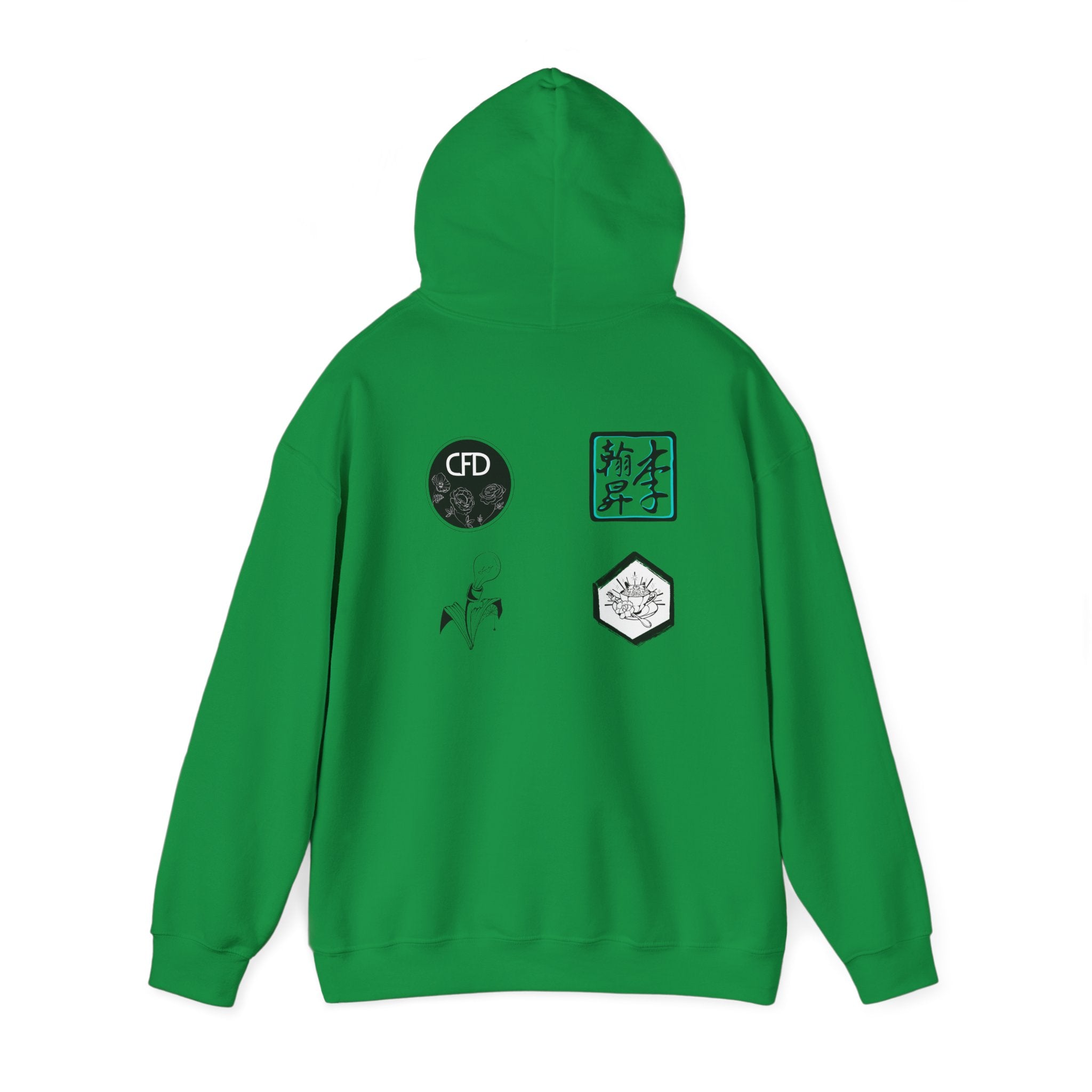 This is a Irish Green ACI hoodie showcasing the back of it. The hood is lifted up and the four studios' logos are between the shoulder blades. The logos are printed in mostly white and black. There is some bright blue for one of the logos. The sleeves and end of the hoodie have stitching by the wrist and waist areas. The rest of the hoodie is the color irish green.