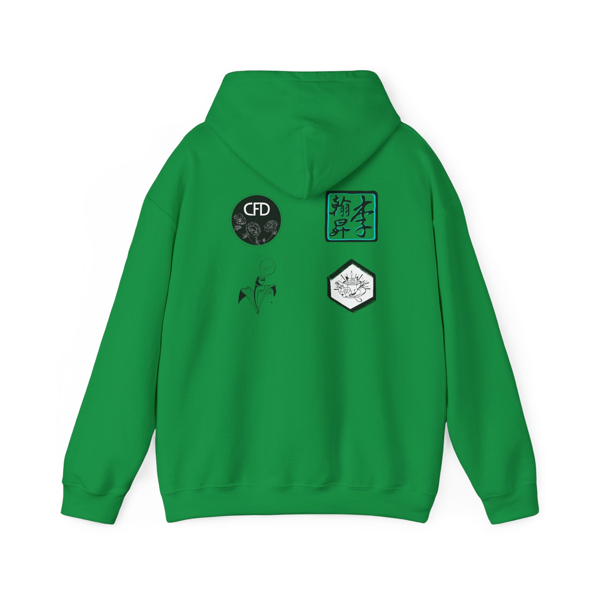 This is a Irish Green ACI hoodie showcasing the back of it. The hood is not lifted up and the four studios' logos is right below the hood. The logos are printed in mostly black and white. There is one logo that is outlined in a bright blue. The sleeves and end of the hoodie have stitching by the wrist and waist areas. The rest of the hoodie is the color irish green.