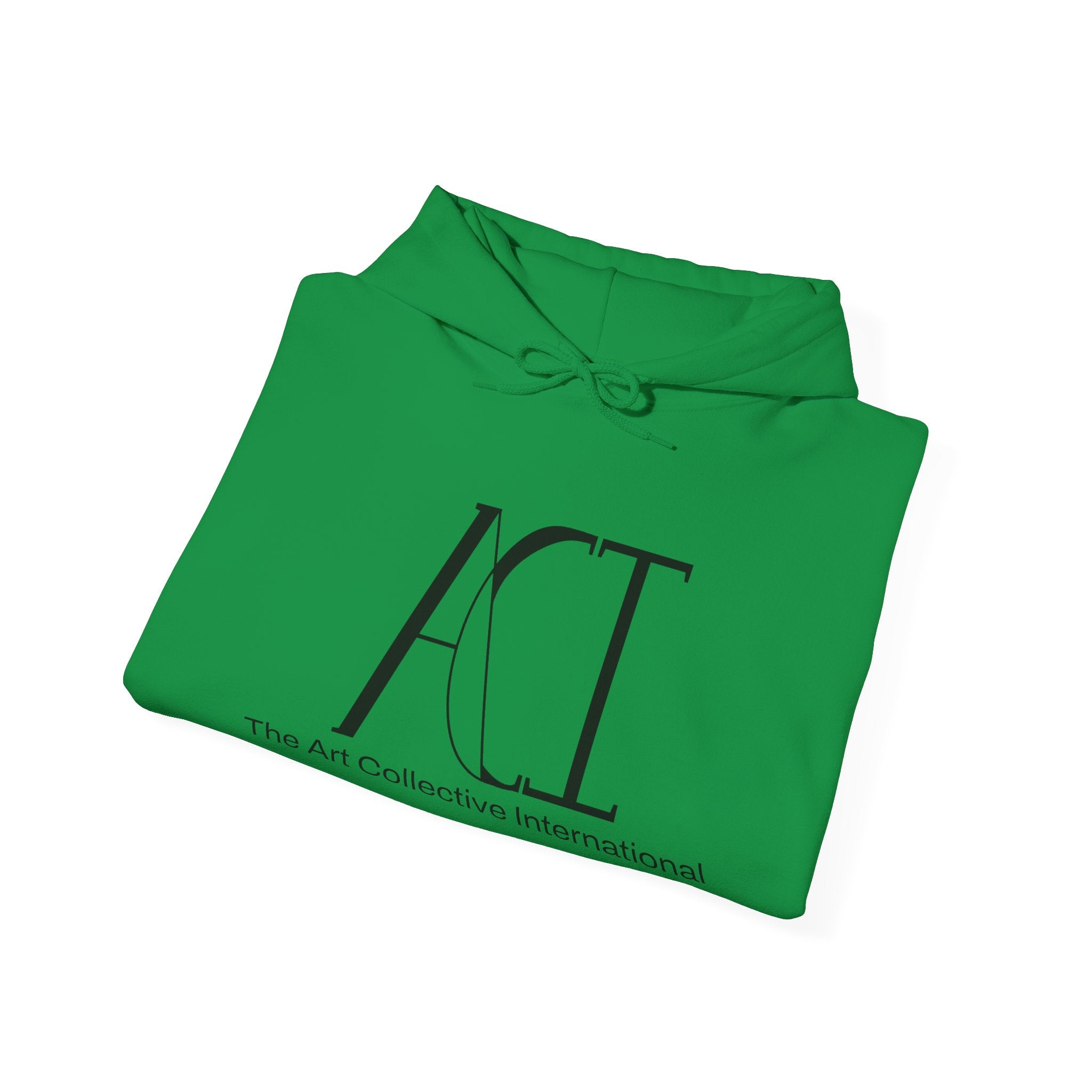 This is the Irish Green ACI Hoodie that has been folded to show the front. The ACI logo is large and printed in black.  Right underneath the logo is "The Art Collective International" printed smaller and in black. The drawcord is tied in a bow and color matched to the rest of the hoodie.