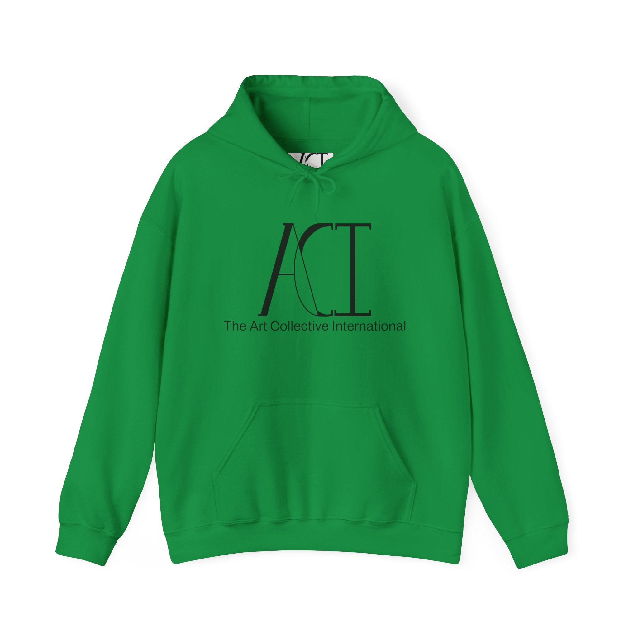 This is the Irish Green ACI hoodie that showcases a large ACI logo printed in black near the top middle of the hoodie. Underneath the logo in back is, "The Art Collective International" in smaller print. It is a full picture of the front with the color-matched drawcord. The size label is white and printed on rather than a tag. The ACI logo is black on the size label. There is stitching by the wrists and waist areas. Also, a large pocket to place your arms in.