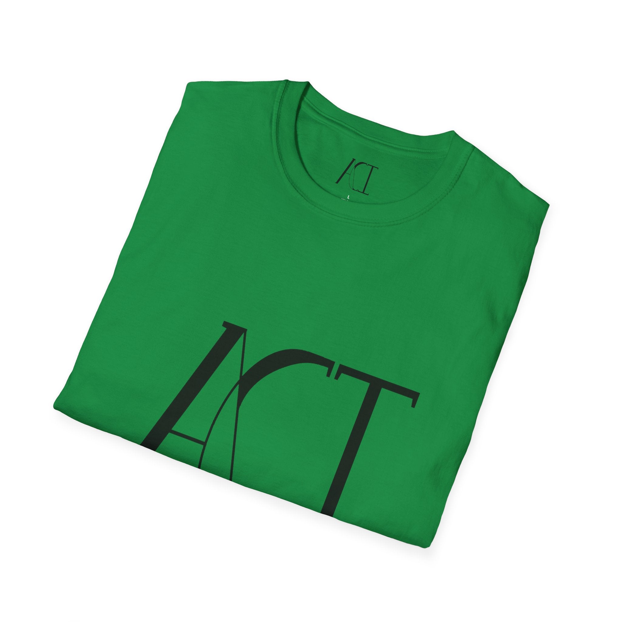 This is the Irish Green ACI T-Shirt that is folded and shows the front of the shirt. The size label and ACI logo printed on the inside of the shirt. The size label print is white whereas the logo is black. Also, the large printed ACI logo in black on the front of the shirt.