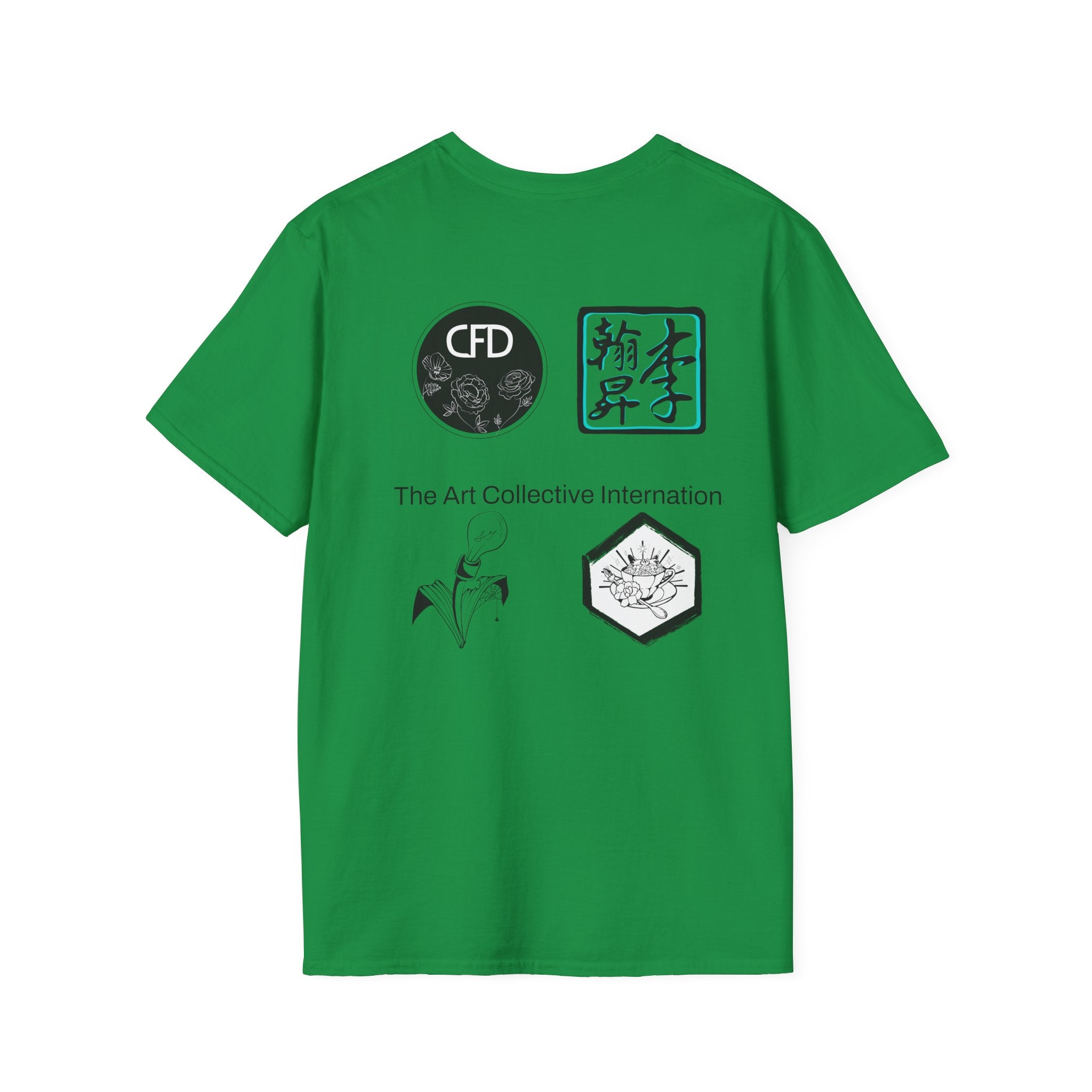 This is a Irish Green ACI T-Shirt showcasing the back of it. There are the four studios' logos. The logos are printed in mostly black and white. There is one logo that is outlined in a bright blue. There are two logos then print and then two other logos located on the upper part of the shirt. In between the logos, printed in black is "The Art Collective International". 