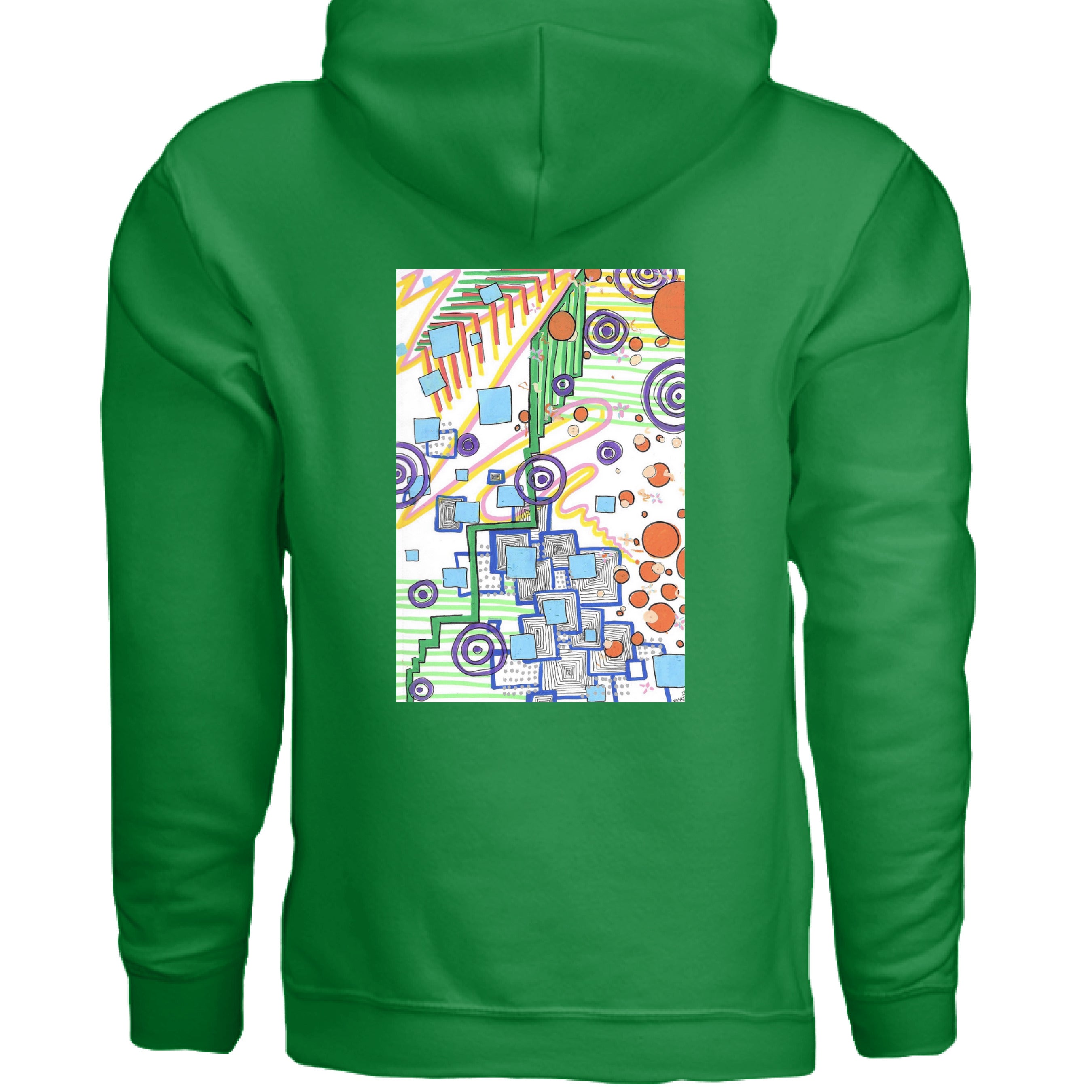 This is the Irish Green City of Oz Hoodie by Storm Garden Studio. This image is showcasing the back of the hoodie. The illustration is rectangular and geometric. It has a mix of circles, lines, waves, dots, thorughout the design. It is a mix of colors that are light blue, orange, green, orange, yellow and purple. The background is white for the illustration. The illustration is right below the hood. It is against a white background. 