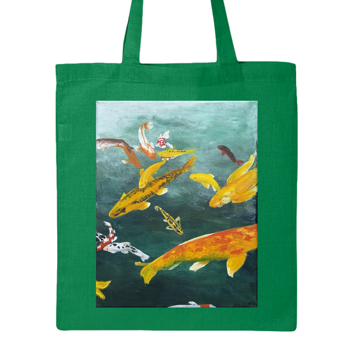 Kelly Koi Canvas Tote by Storm Garden Studio. This is showcasing the front of the tote, handles are color matched with kois that are white, orange, red, yellow and black, spotted swimming around a gradient of white to dark blue water. Tote is on a white background. 