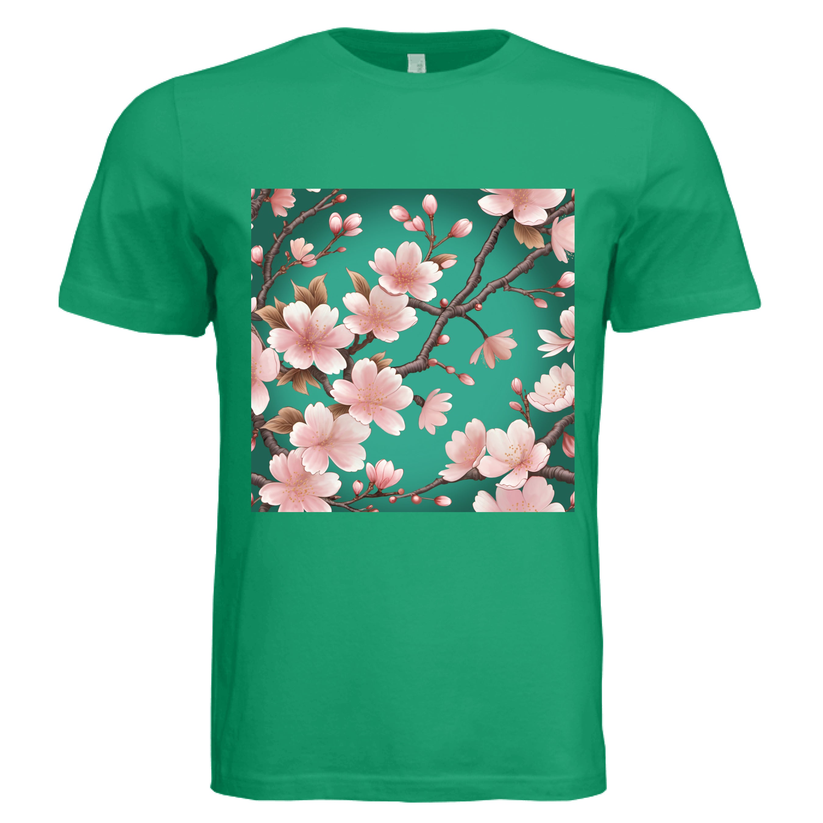 This is the Kelly Sakura T-Shirt by Lee Hansheng Studios. This is showcasing the front of the shirt. The illustration has a vibrant green background with soft pink cherry blossom blooms of petals on dark brown/grey branches celebrating hanami season. There are fully bloomed flowers and some buds throughout. The white size tag can be seen from the back. The image is from the chest to above the belly button. It is against a white background. 