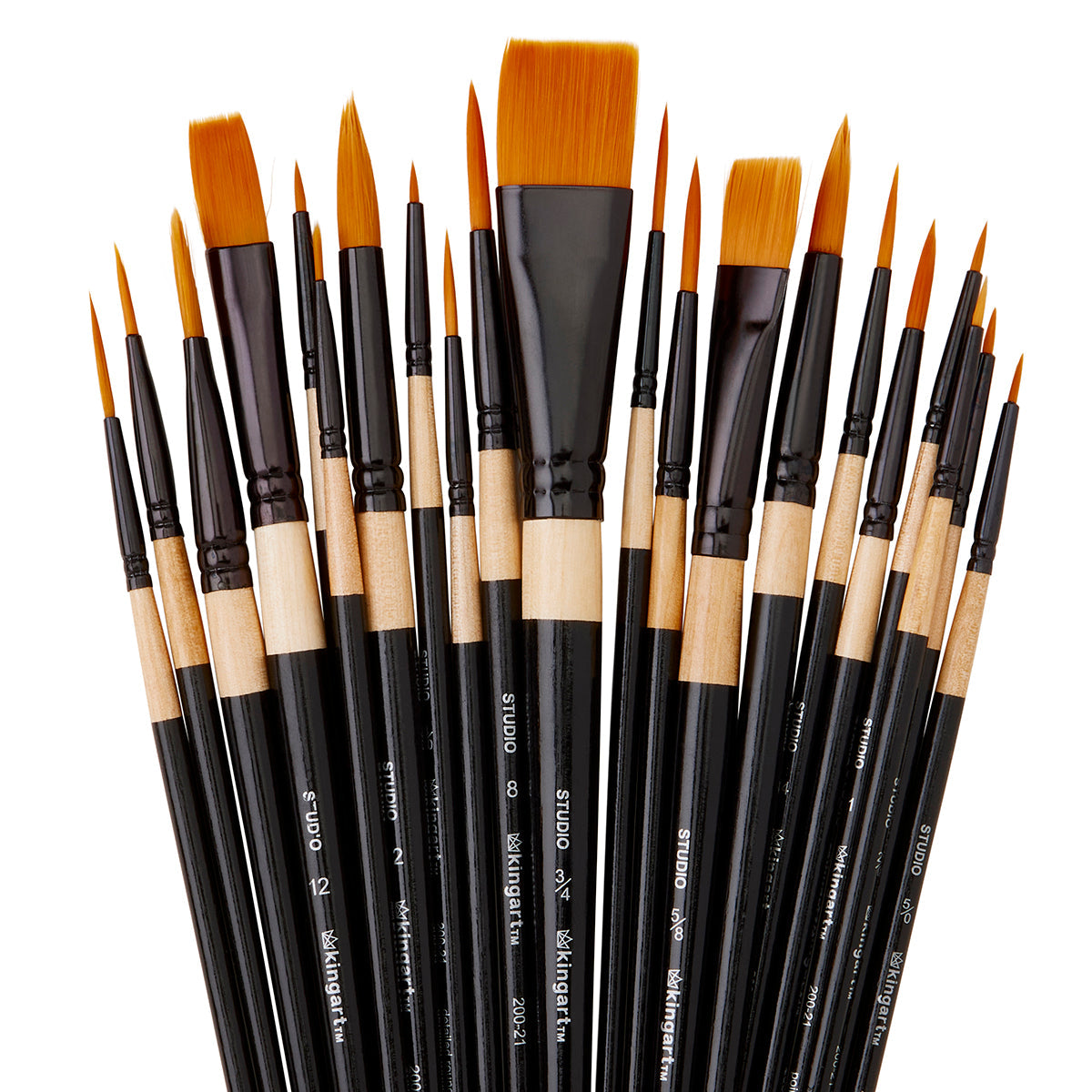 This is the KingArt Mixed Media Gold Nylon Brush Set. This shows all of  the paintbrushes jumbled together with black handles and orange bristles on a white background.