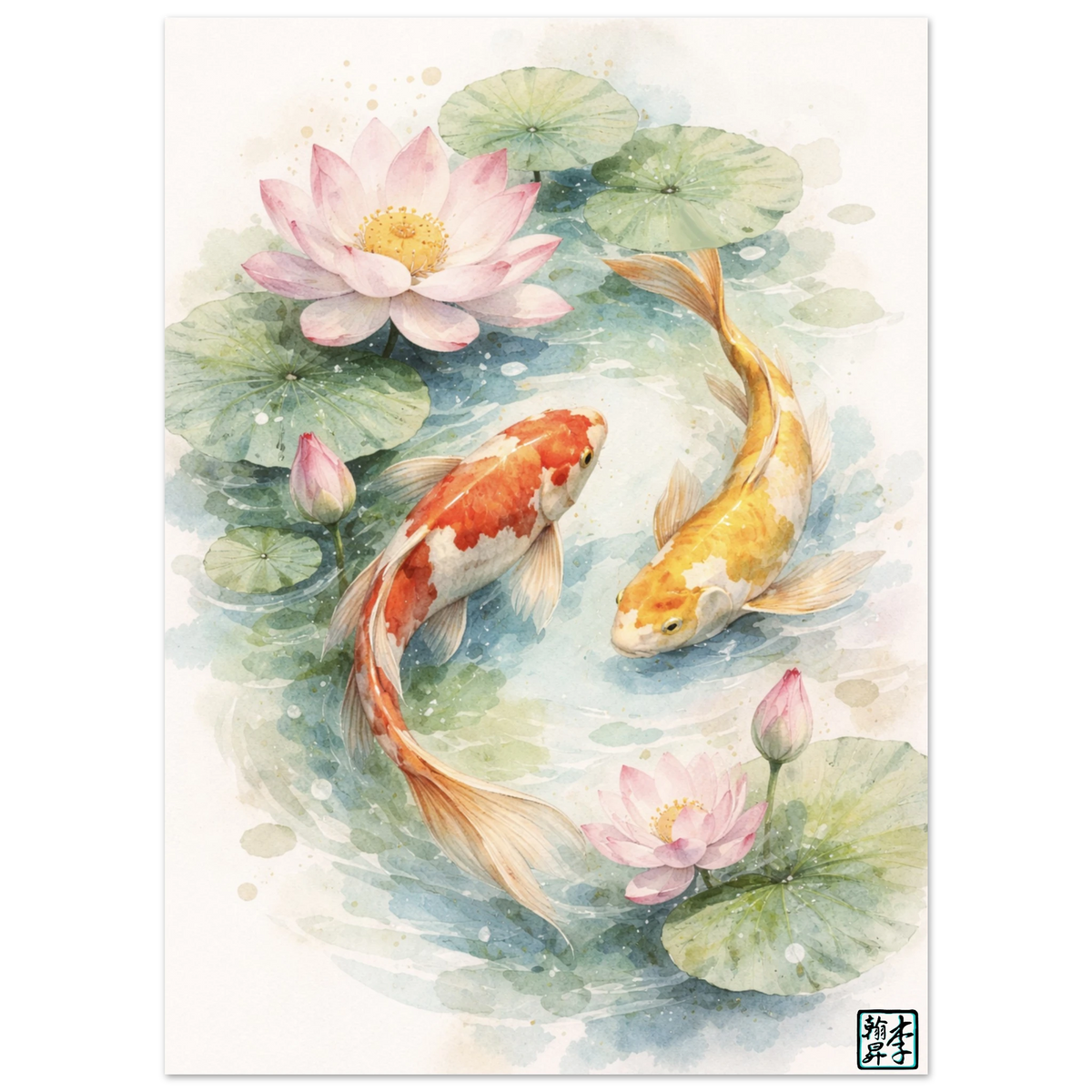Koi and Lotus Matte Poster 13x18cm/5x7" by Lee Hansheng Studios. This is the front of the poster that has two kois,one is red and white spotted,the other is yellow and white spotted swimming past each other surrounded by lotus leaves,one large pink lotus flower with a yellow center,two budding flowers and a smaller fully opened lotus flower to the bottom right. To the bottom right is the LHS logo. A thin white border on both sides vertically of painting. The poster is on a blank/transparent background.
