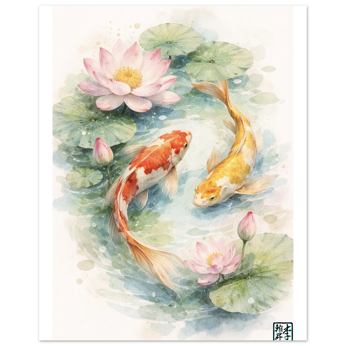 Koi and Lotus Matte Poster 20x25cm/8x10" by Lee Hansheng Studios. This is the front of the poster that has two kois,one is red and white spotted,the other is yellow and white spotted swimming past each other surrounded by lotus leaves,one large pink lotus flower with a yellow center,two budding flowers and a smaller fully opened lotus flower to the bottom right. To the bottom right is the LHS logo. A thin white border on both sides vertically of painting. The poster is on a blank/transparent background.