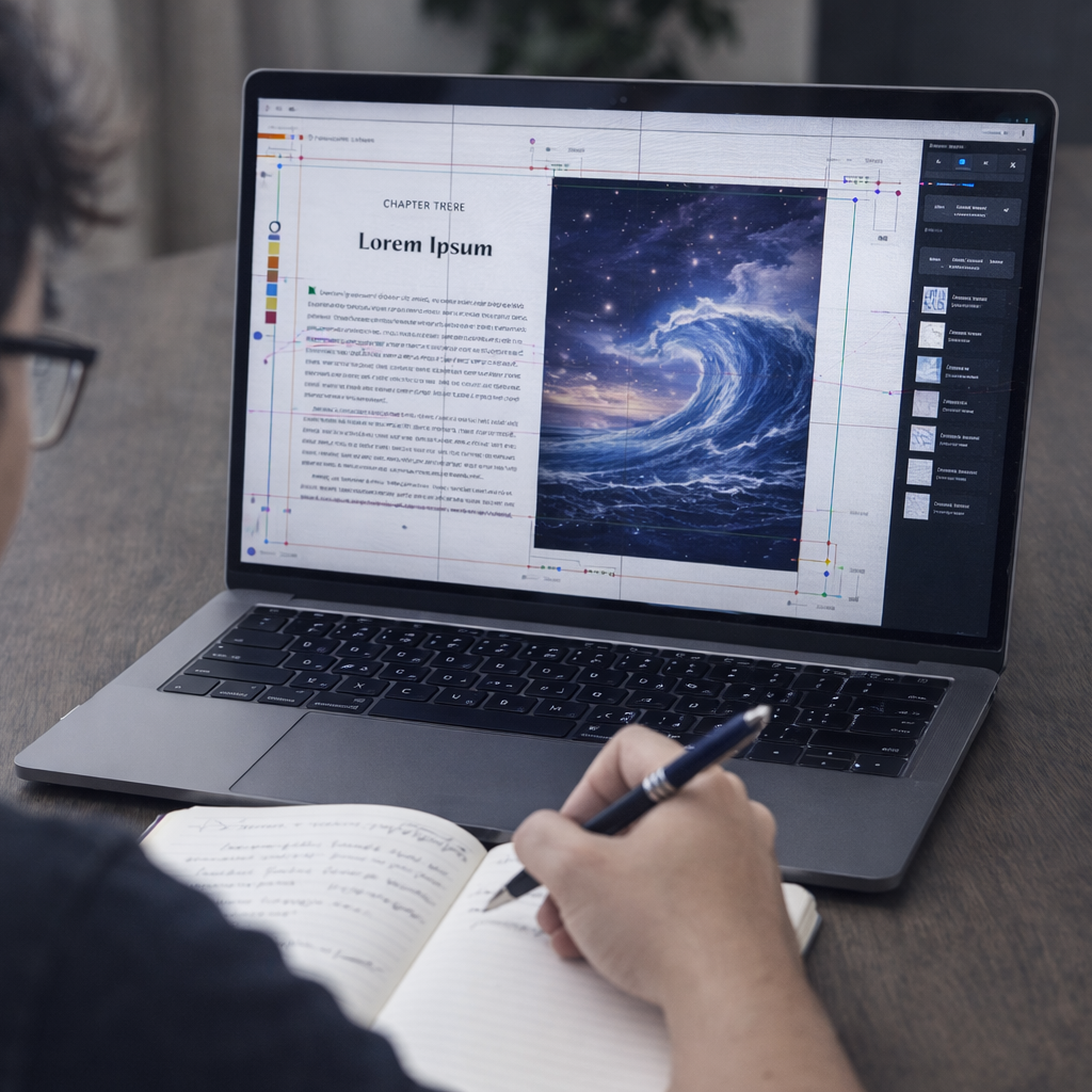 Person working on a laptop with a cosmic image on the screen, sitting on a couch.