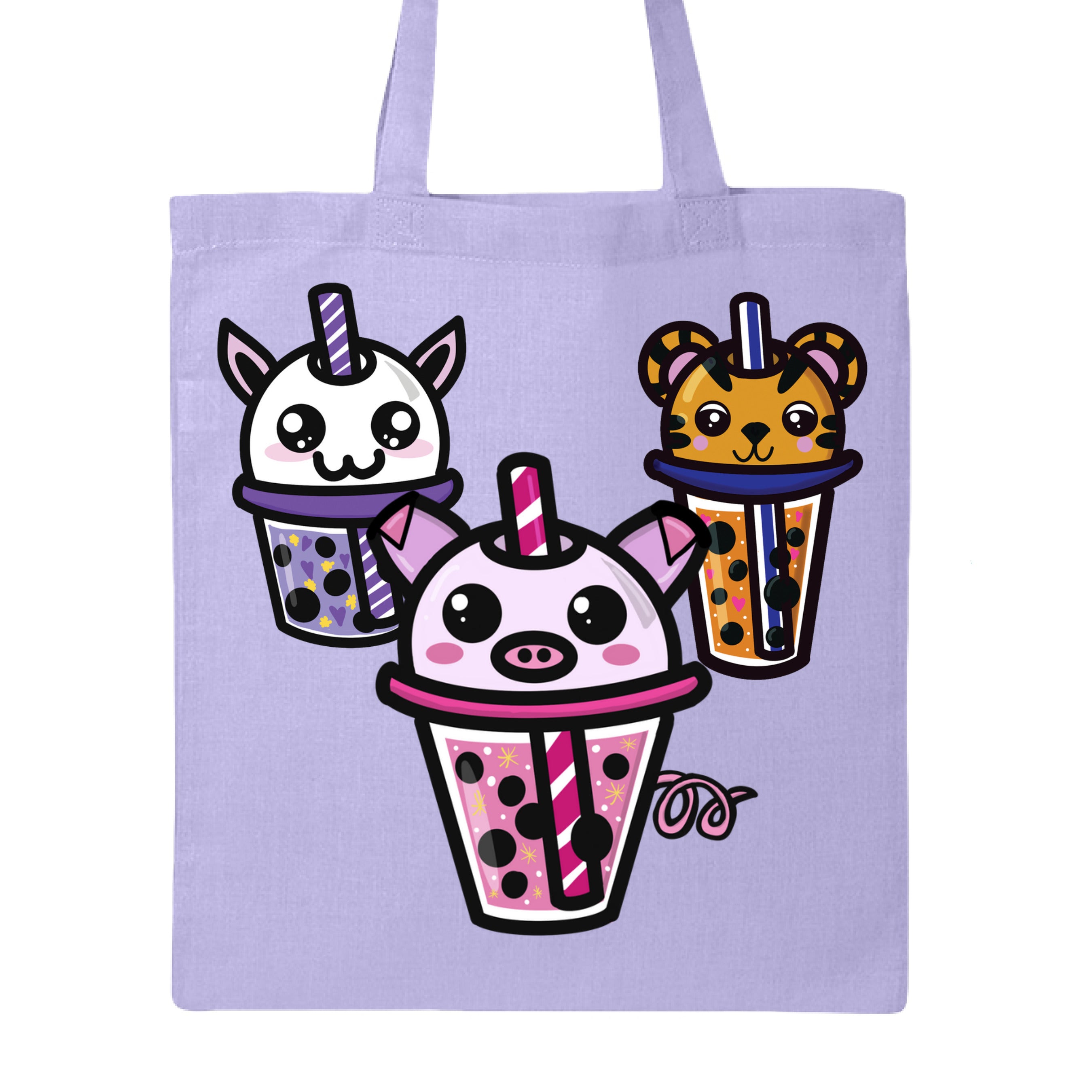 This is the Lavender Boba Friends Canvas Tote by Dazzle & Daggers Design. This is showcasing the front that features three kawaii designs.The Piggy Boba is pink all over and the glass has pink liquid, boba, yellow sparkles,white dots and peppermint swirl like. Thai Tea Tiger is orange, orange liquid, black boba, white dots, red hearts, blue and white striped straw. The Cryptid Boba is white, purple and white swirl straw, purple liquid, black boba, yellow stars and purple hearts.