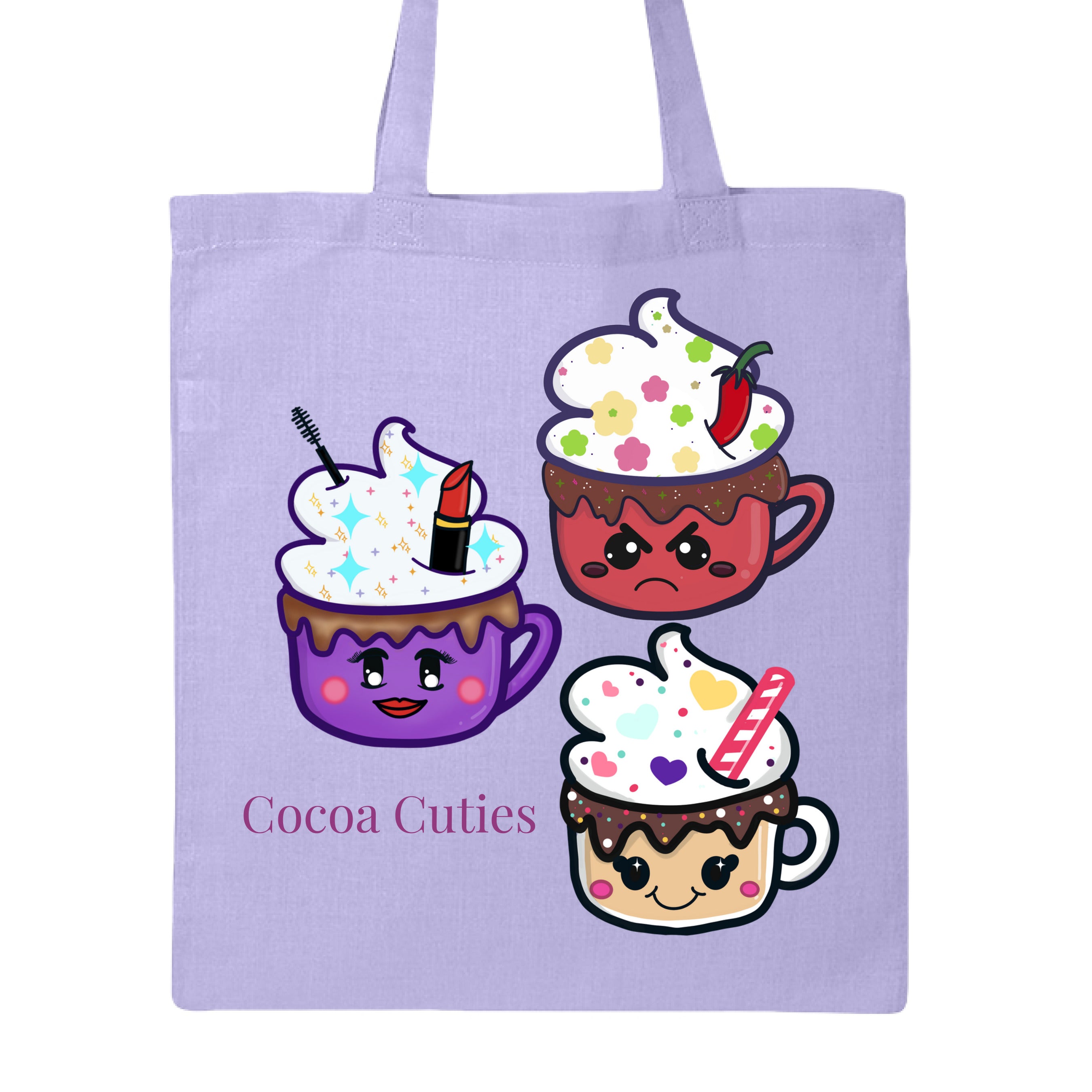 Lavender Cocoa Cuties Canvas Tote by Dazzle & Daggers Design illustrations on front.Purple cup,smiling face,red lips,round pink cheeks,large eyes w/mascara,w/sparkly toppings,whipped cream,red lipstick,mascara tip.Red cup,angry face,circular eyes,brown oval cheeks,mouth frowning,sparkly chocolate dripping on the cup topped w/flowery whipped cream and a chili.Tan glass cup,dots sprinkled chocolate,hearts whipped cream,red&white straw,cherryface w/pink cheeks,wing tipped eyes."Cocoa Cuties" in purple font. 