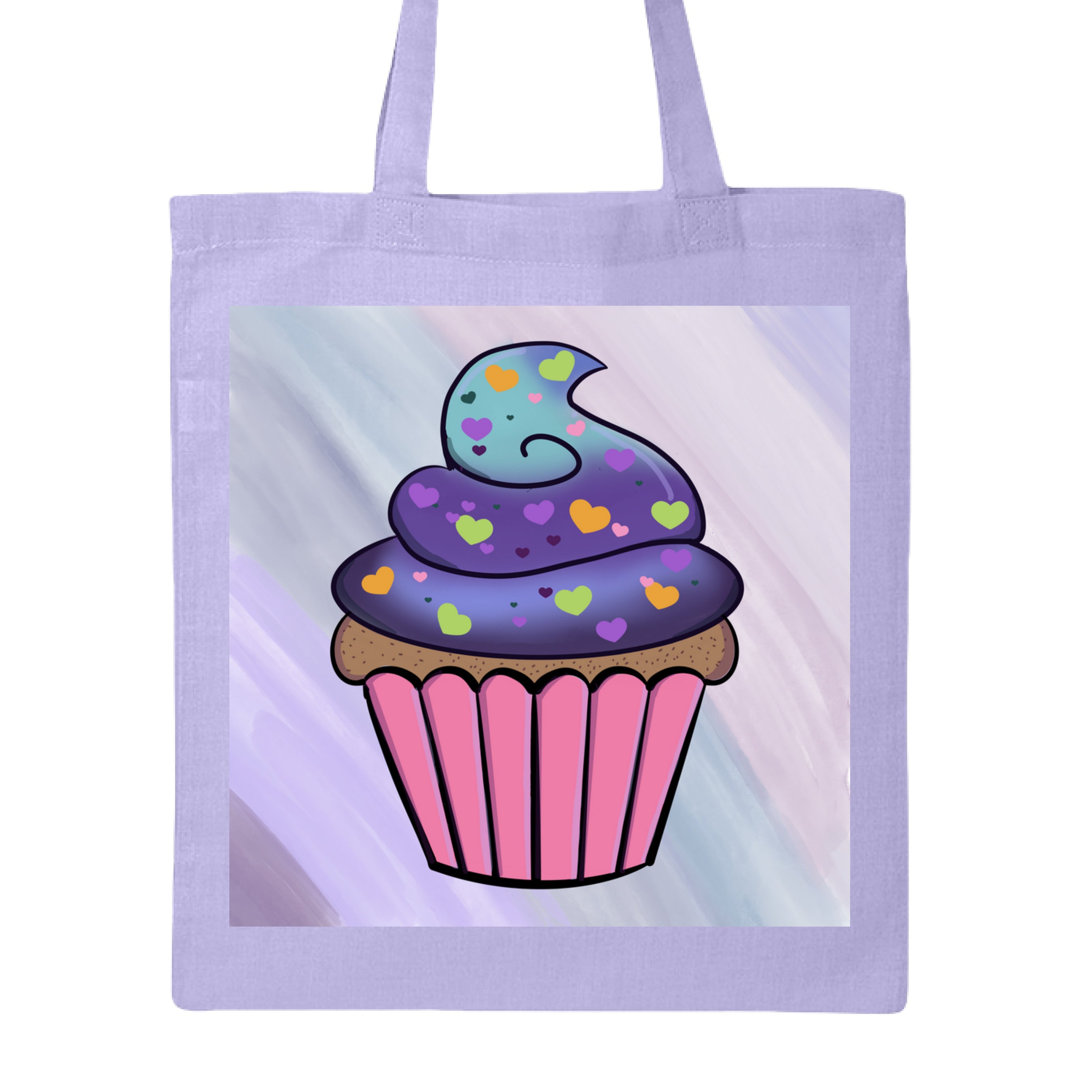 This is the Lavender Cosmic Cupcake Canvas Tote by Dazzle & Daggers Design. This is showcasing the front of the tote. The illustration has a pastel purple, pink, and blue slanted brushstroke background. The cupcate is in the middle with a pink wrapper, brown/tan dotted cupcake with a gradient frosting. The frostin is blue and purple with green, orange, purple, dark purple hearts all over. It is against a white background. 