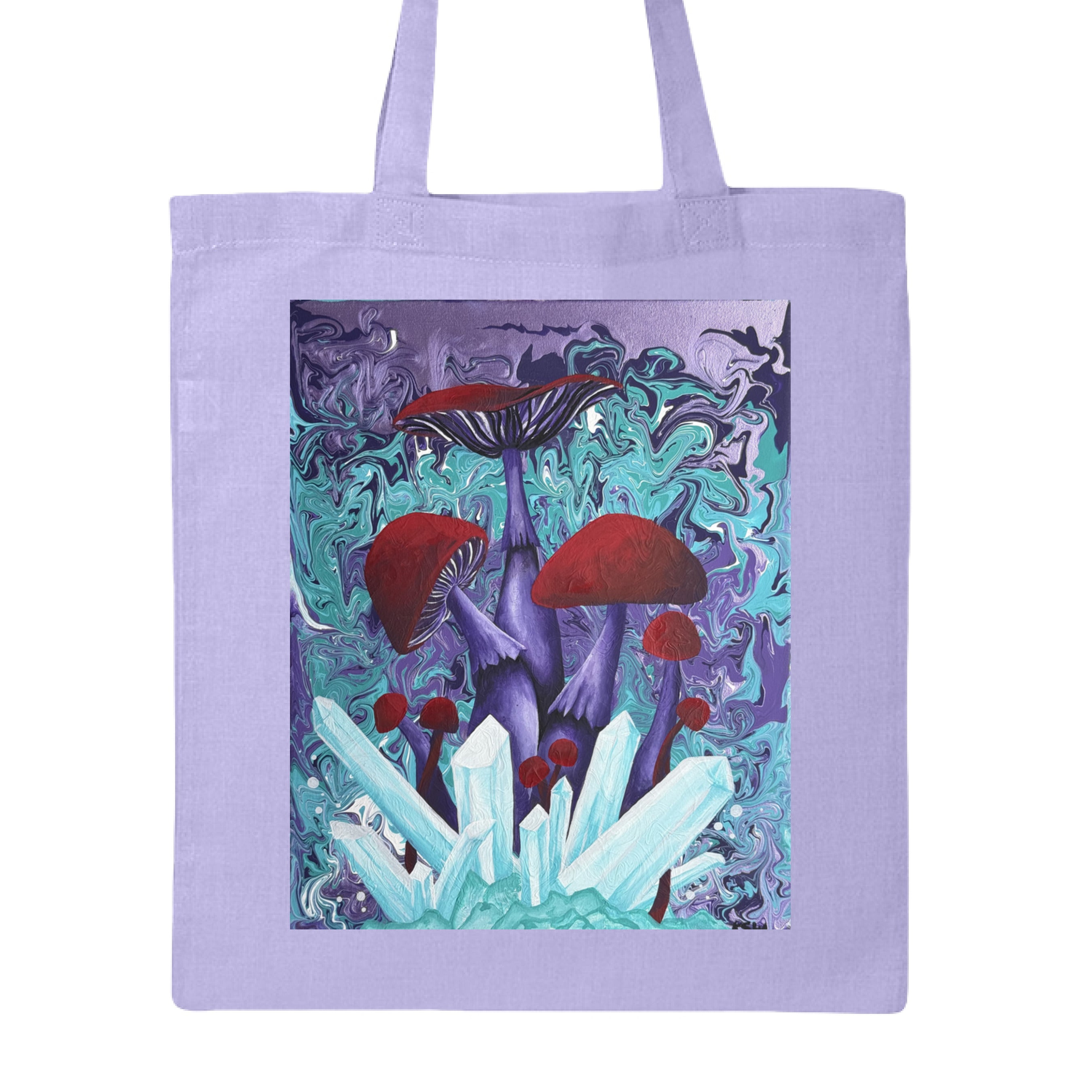 This is the Lavender Crystal Mushrooms Canvas Tote by Storm Garden Studio. This is showcasing the front of the tote. The illustration is rectangular and has a blue, purple, dark purple and white pouring or mixing in the background. In the forefront are blue and white crystals coming up from the ground. Behind that are different sizes of mushrooms, circular, rounded tops and flared with shades of red. The stems of the mushroom are dark purple. The tote is against a white background.