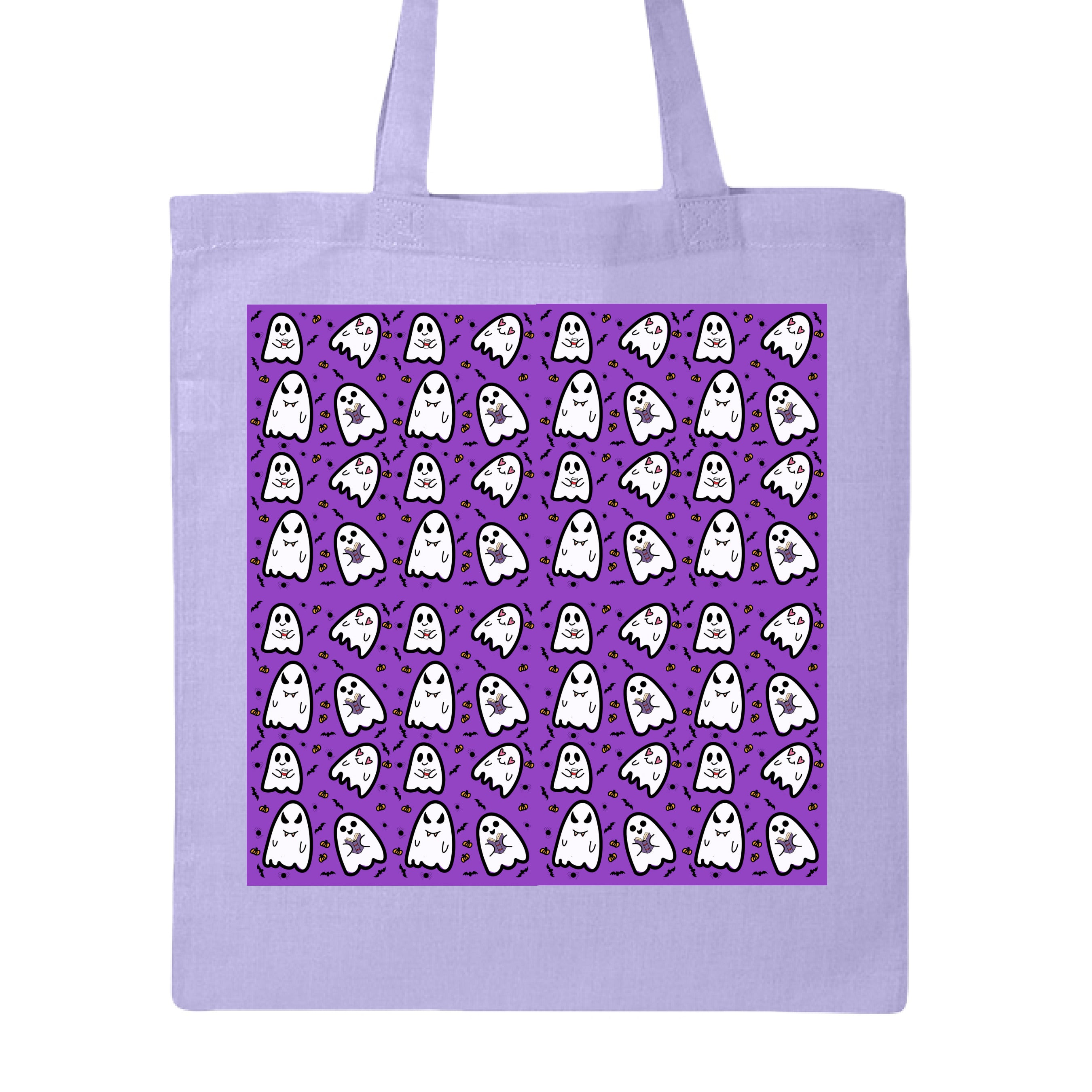 This is the Lavender Ghostie Canvas Tote by Dazzle & Daggers Design. This is showcasing the front. The handles are color matched. The illustration is square with a cute ghostie pattern. The background of the illustration is purple with small bats, pumpkins and spiders. The ghosts have a range of expressions like heart eyes, book reading with an excited expression, evil vampire and happy ghostie with a red striped coffee to go mug. The tote is against a white background.