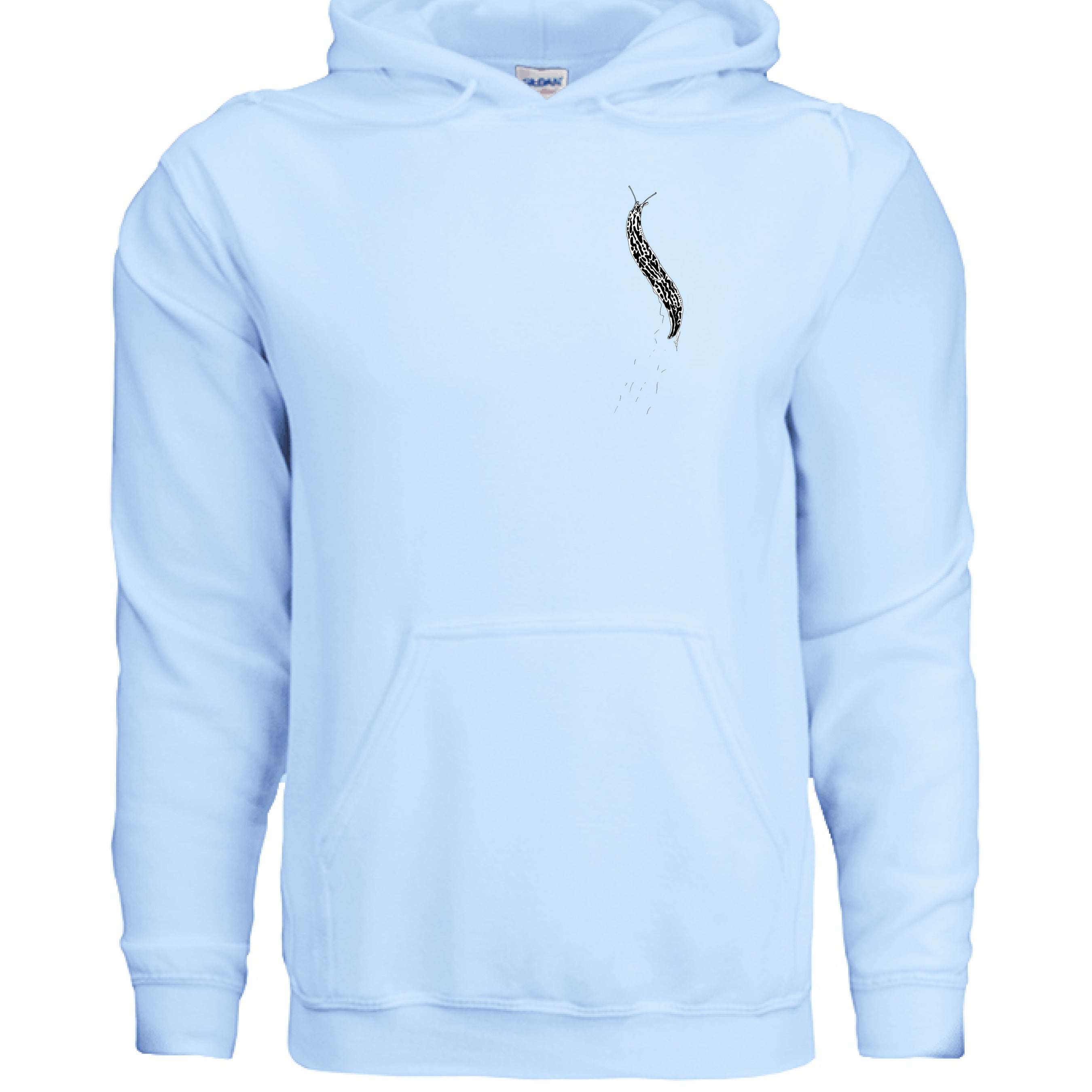 This is the Light Blue Banana Slug Hoodie by Storm Garden Studio. This showcases the front of the hoodie. There is a banana slug in black and white on the left chest. There is a large pouch too. It is against a white background. 